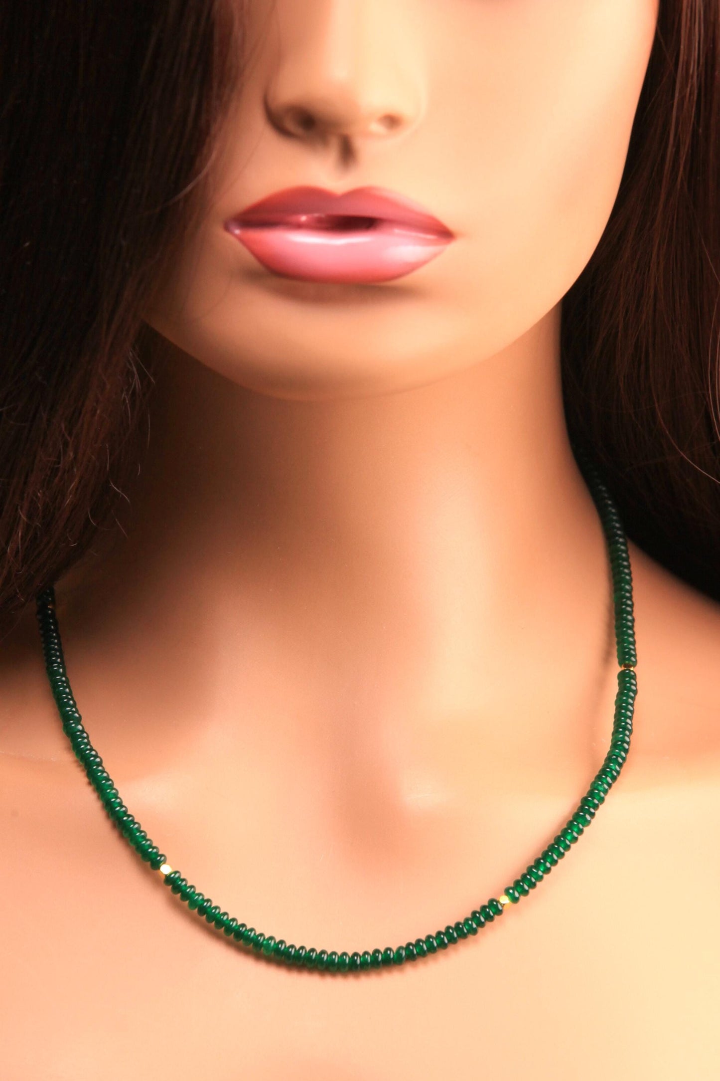 Natural Green jade, dark green 4mm smooth saucer roundel beaded choker, gold spacer layering necklace, Chakra energy gift