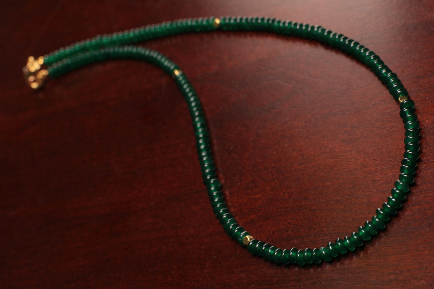 Natural Green jade, dark green 4mm smooth saucer roundel beaded choker, gold spacer layering necklace, Chakra energy gift