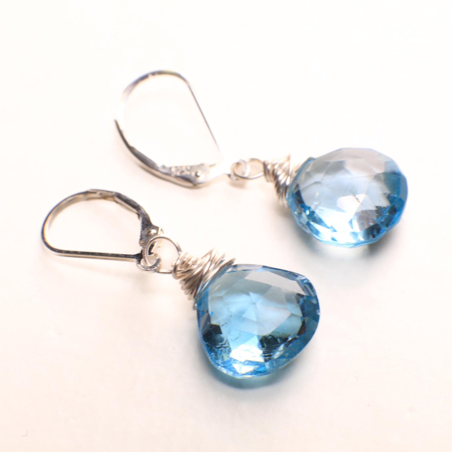 Swiss Blue Topaz Pear Drop cut 12mm faceted Heart Teardrop natural Gemstone, AAA quality wire wrap 925 Sterling Silver Leverback Earring