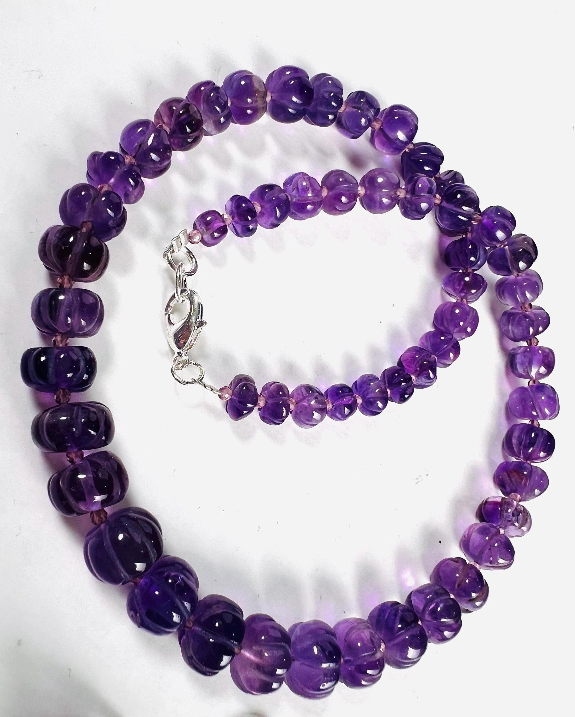 Natural Amethyst Purple 6-8mm AAA Carved Pumpkin Beaded Necklace in Silver Lobster clasp. Necklace and Earrings set. February Birthstone