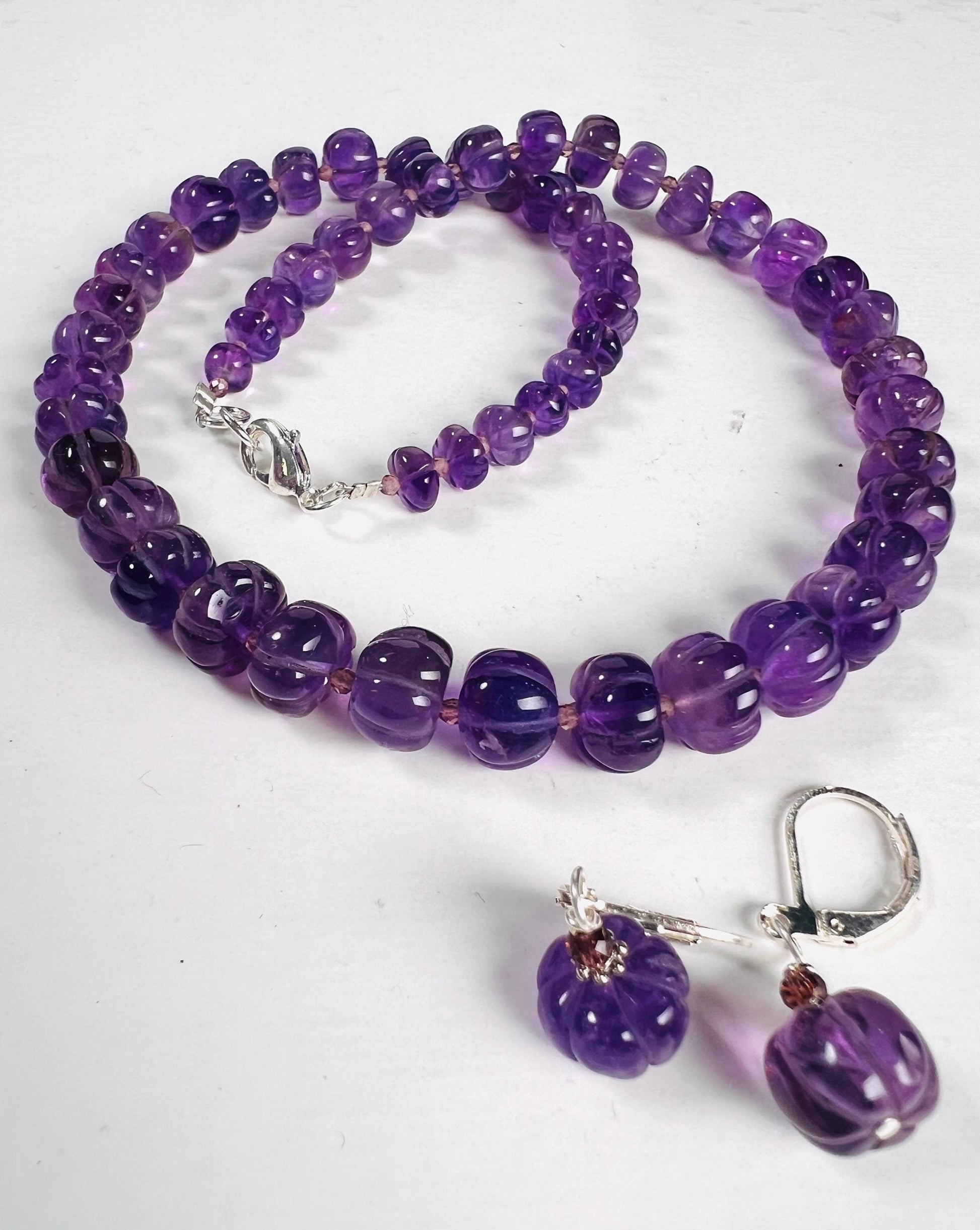 Natural Amethyst Purple 6-8mm AAA Carved Pumpkin Beaded Necklace in Silver Lobster clasp. Necklace and Earrings set. February Birthstone