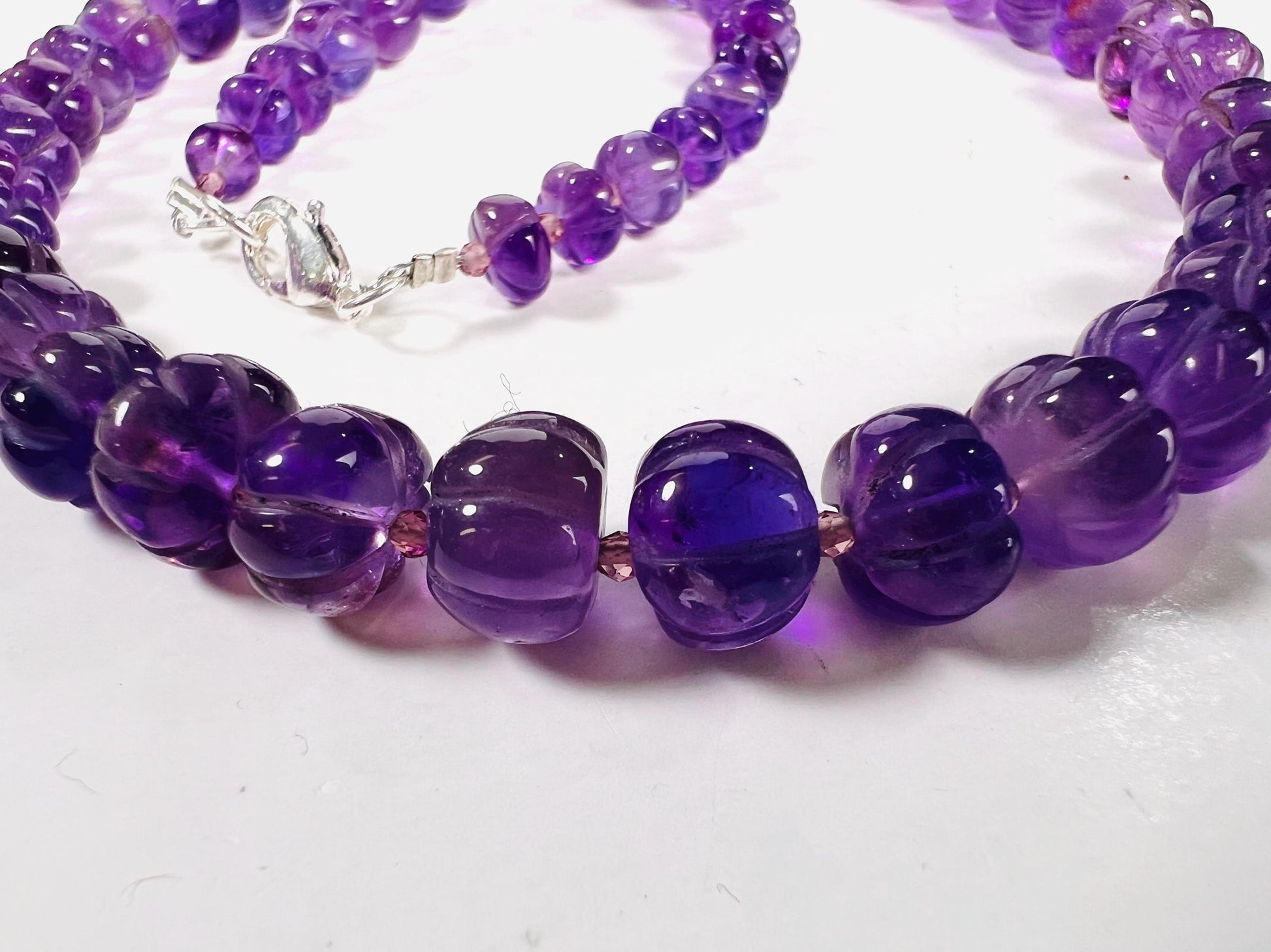 Natural Amethyst Purple 6-8mm AAA Carved Pumpkin Beaded Necklace in Silver Lobster clasp. Necklace and Earrings set. February birthstone