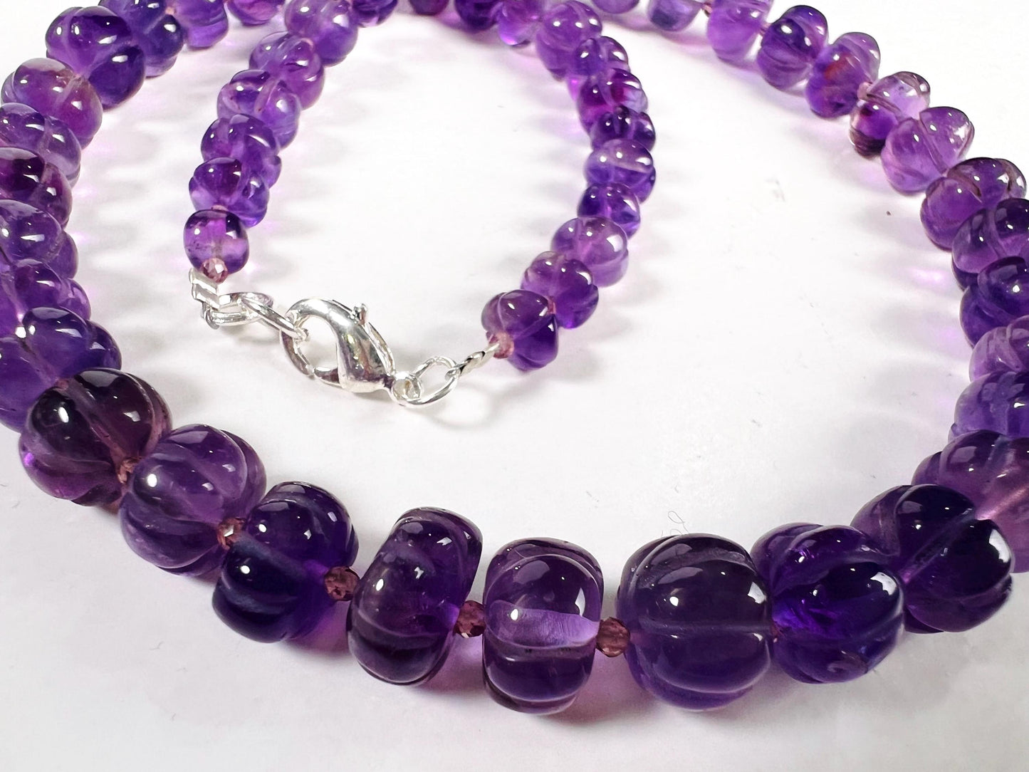 Natural Amethyst Purple 6-8mm AAA Carved Pumpkin Beaded Necklace in Silver Lobster clasp. Necklace and Earrings set. February birthstone