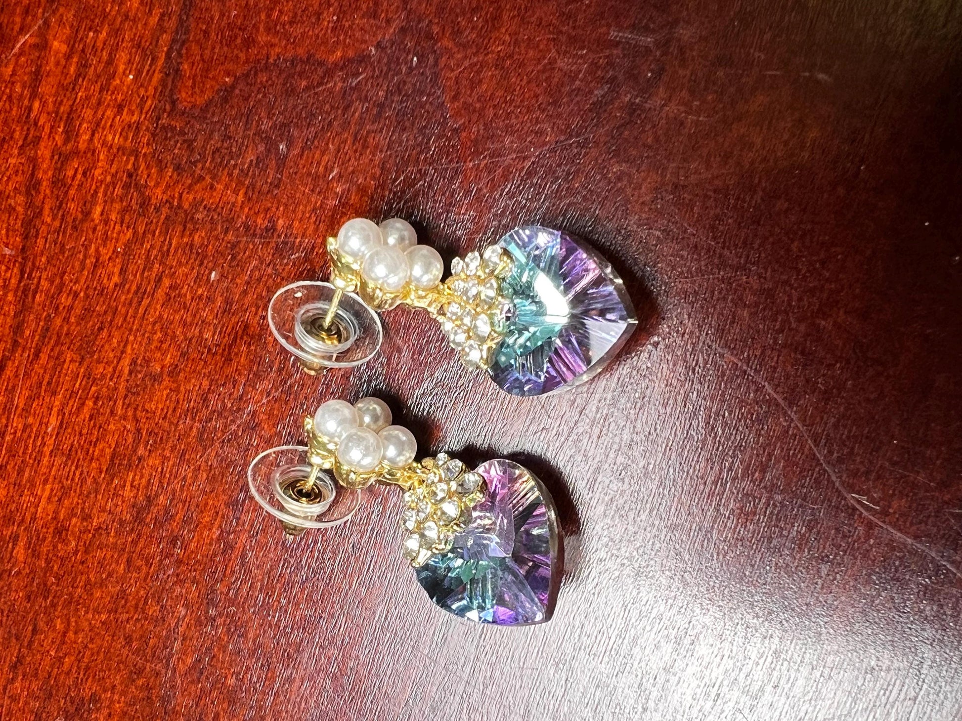 Swarovski Crystal Purple AB Rainbow 14mm Heart with pearl gold post Earrings, Valentines girlfriend love Gift,pink purple mystic AB