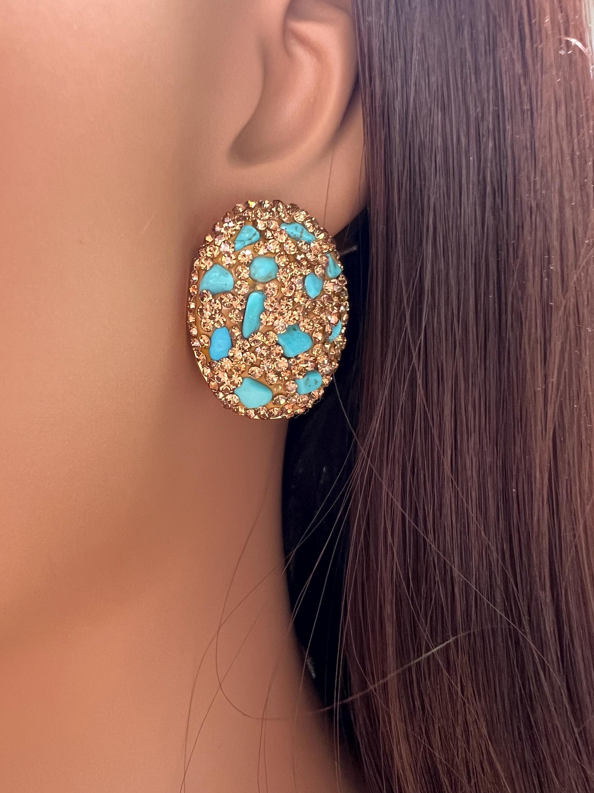 Genuine Blue Arizona Turquoise Sleeping chips gold rhinestones setting Silver post Earrings, big and lightweight 21x18mm earrings