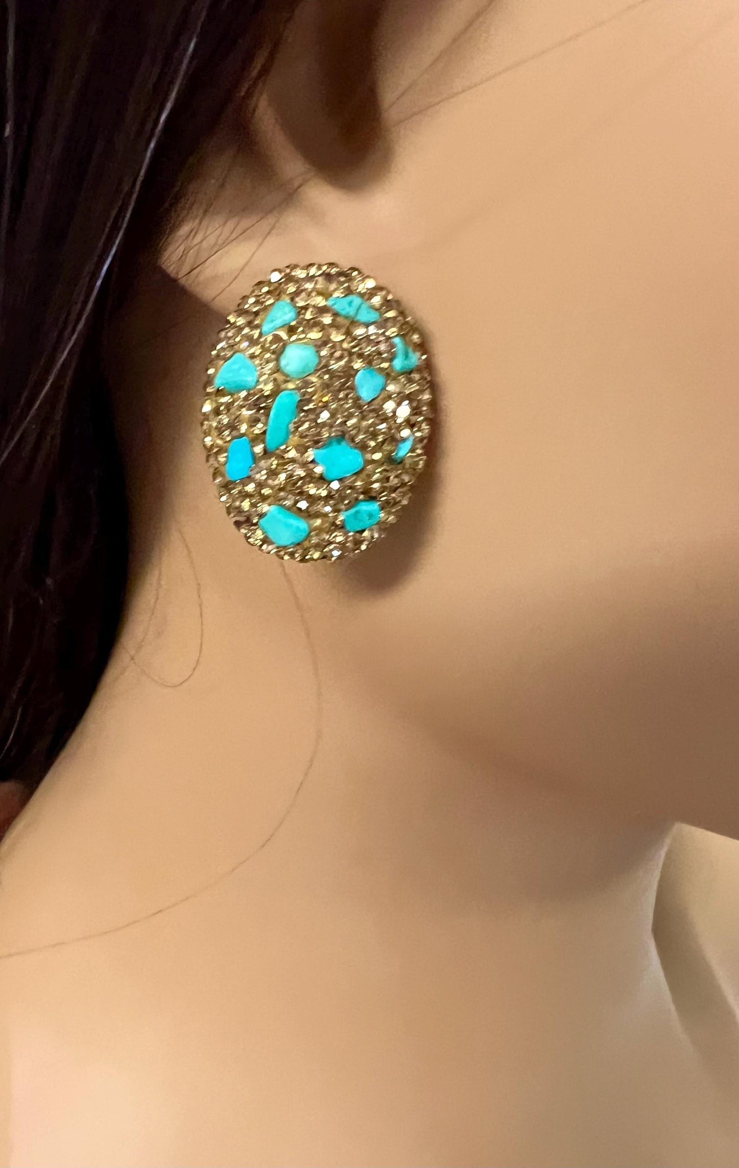 Genuine Blue Arizona Turquoise Sleeping chips gold rhinestones setting Silver post Earrings, big and lightweight 21x18mm earrings