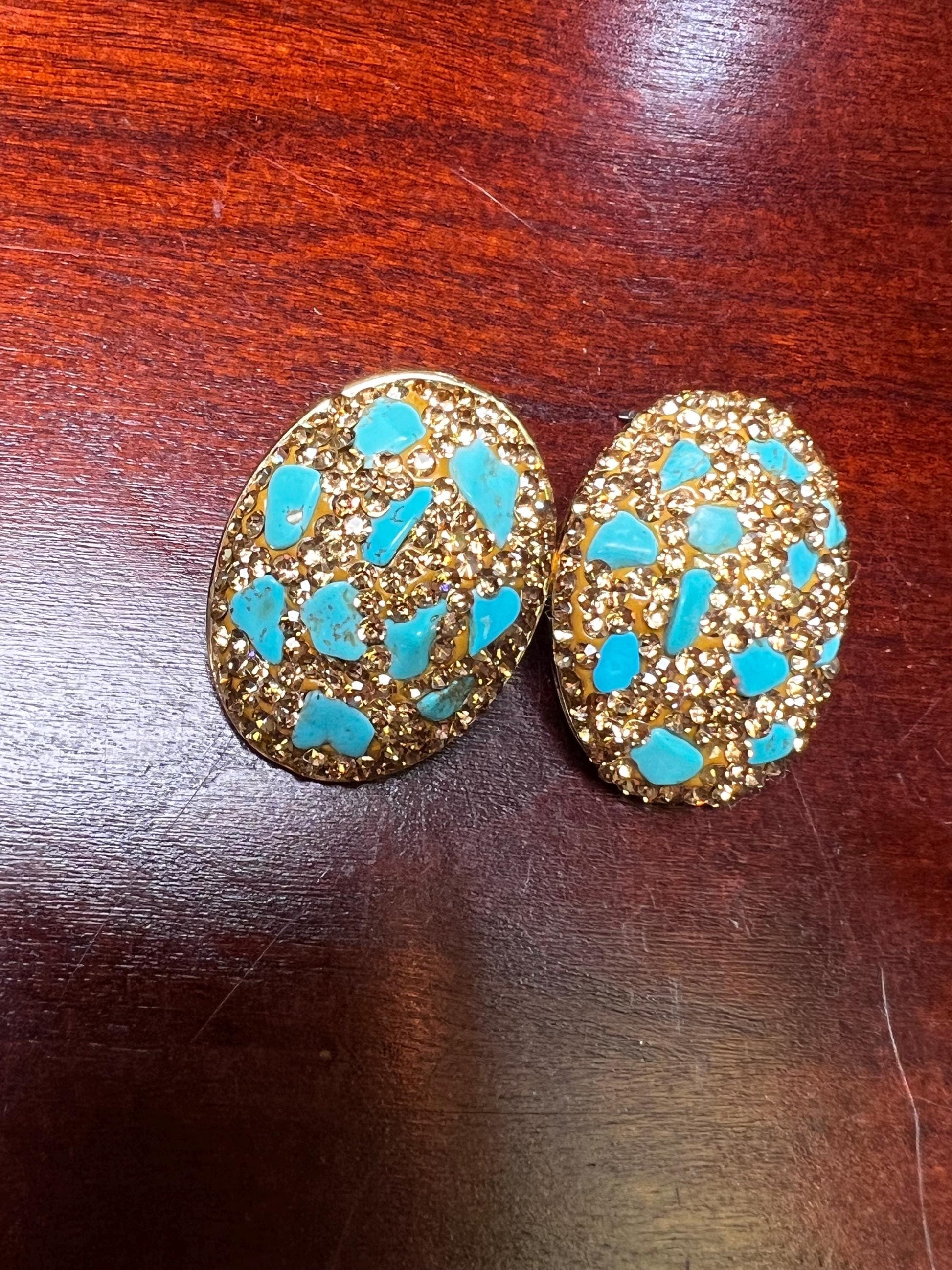 Genuine Blue Arizona Turquoise Sleeping chips gold rhinestones setting Silver post Earrings, big and lightweight 21x18mm earrings