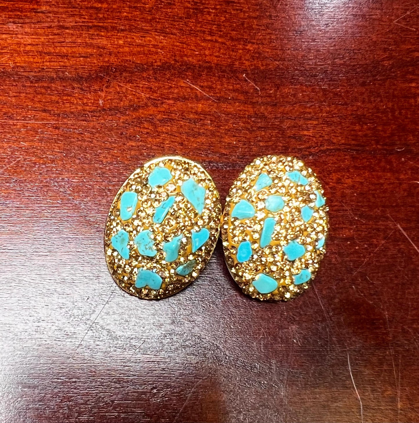 Genuine Blue Arizona Turquoise Sleeping chips gold rhinestones setting Silver post Earrings, big and lightweight 21x18mm earrings