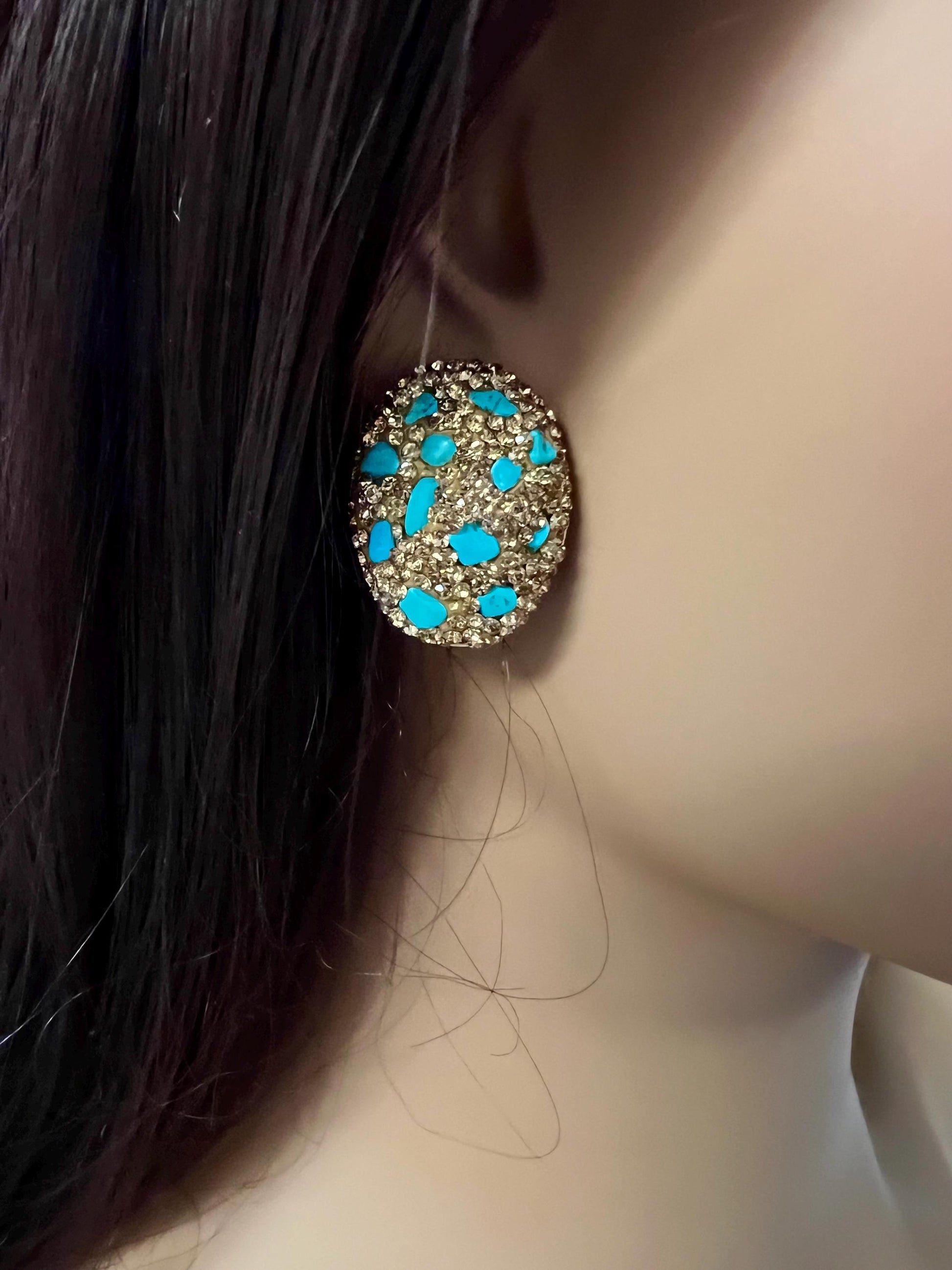 Genuine Blue Arizona Turquoise Sleeping chips gold rhinestones setting Silver post Earrings, big and lightweight 21x18mm earrings