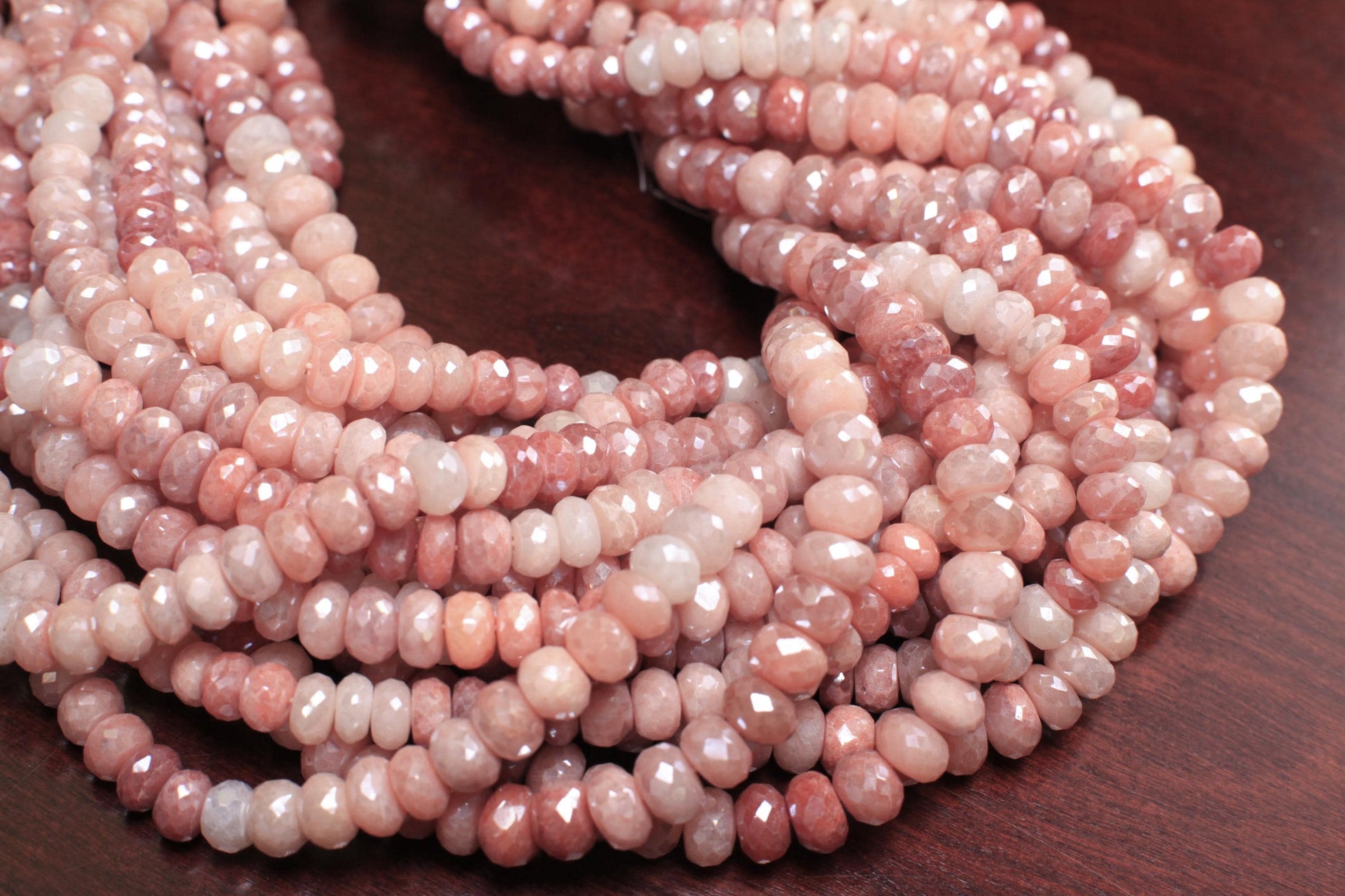 Natural bio peach Moonstone multi tone peach and baby pink shaded mystic 7-9.5mm roundel, Jewelry making super beautiful beads, 7" strand