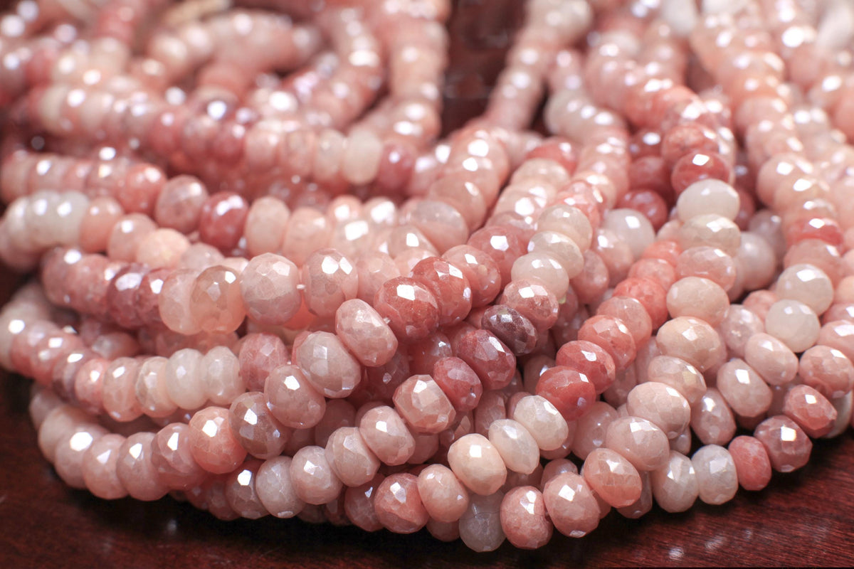 Natural Peach Moonstone shaded Peach and Baby Pink Shaded Mystic 7-9.5mm roundel, Jewelry making super beautiful beads, 7" strand