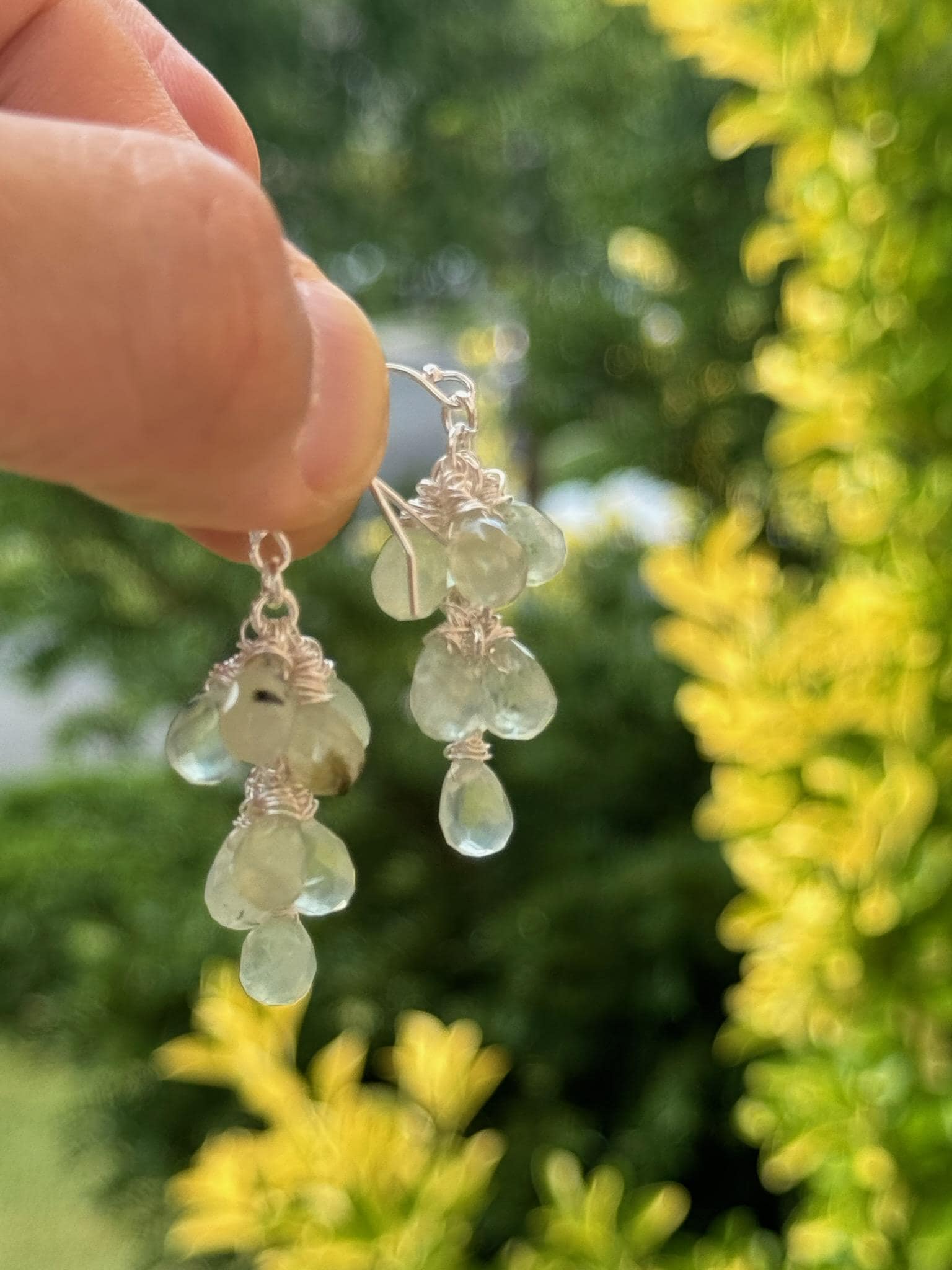 Natural Prehnite, Tourmalinated Quartz 6x9mm Faceted Briolette Drop Handmade Wire Wrap in Sterling Silver Earring