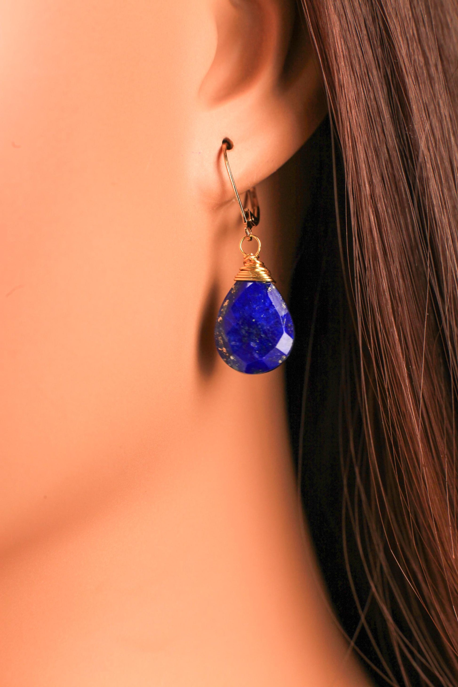 Lapis Lazuli Earrings, Natural Lapis Pear Drop 12x16mm Wire Wrapped Long Teardrop in 14K Gold Filled or 925 Sterling Silver Leverback