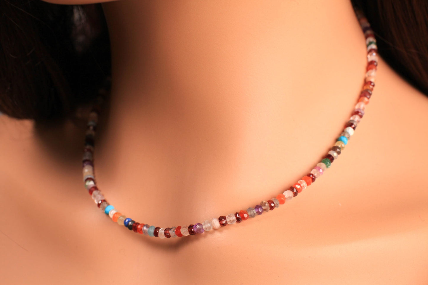 Natural Multi Gemstone Rainbow 4mm Disco Necklace, Moonstone, Garnet, Onyx, Carnelian, Amethyst, Smokey, Labradorite in 925 sterling silver