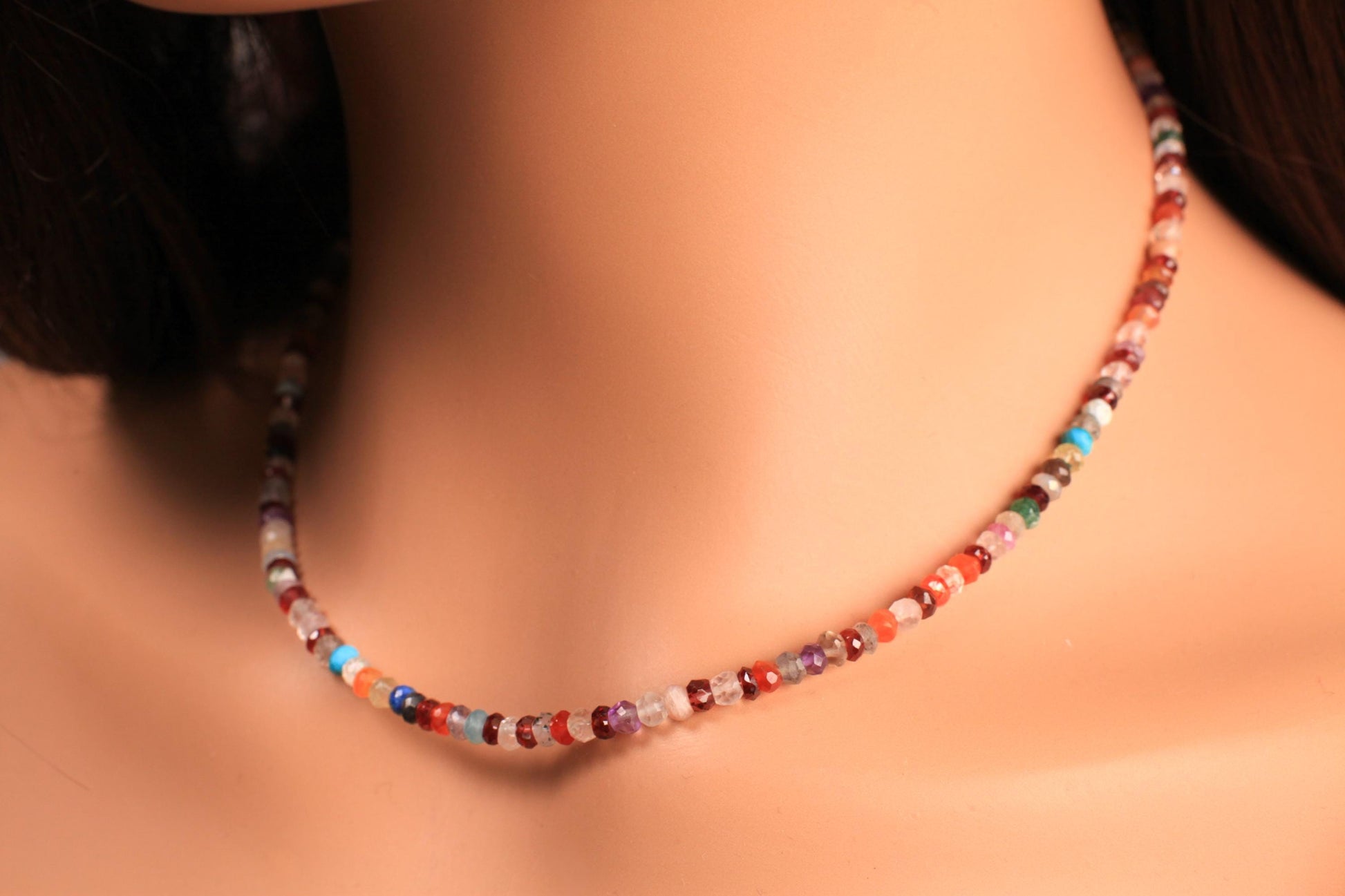 Natural Multi Gemstone Rainbow 4mm Disco Necklace, Moonstone, Garnet, Onyx, Carnelian, Amethyst, Smokey, Labradorite in 925 sterling silver