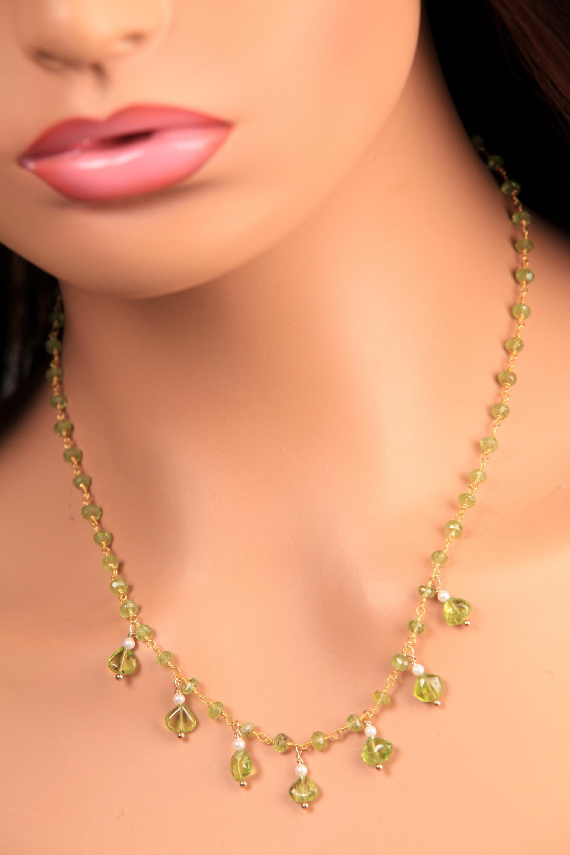 Natural Peridot Faceted Peridot Clusters and Dangling Peridot Freshwater Pearl Wire Wrap Handmade Gold Necklace, Bridal Gift