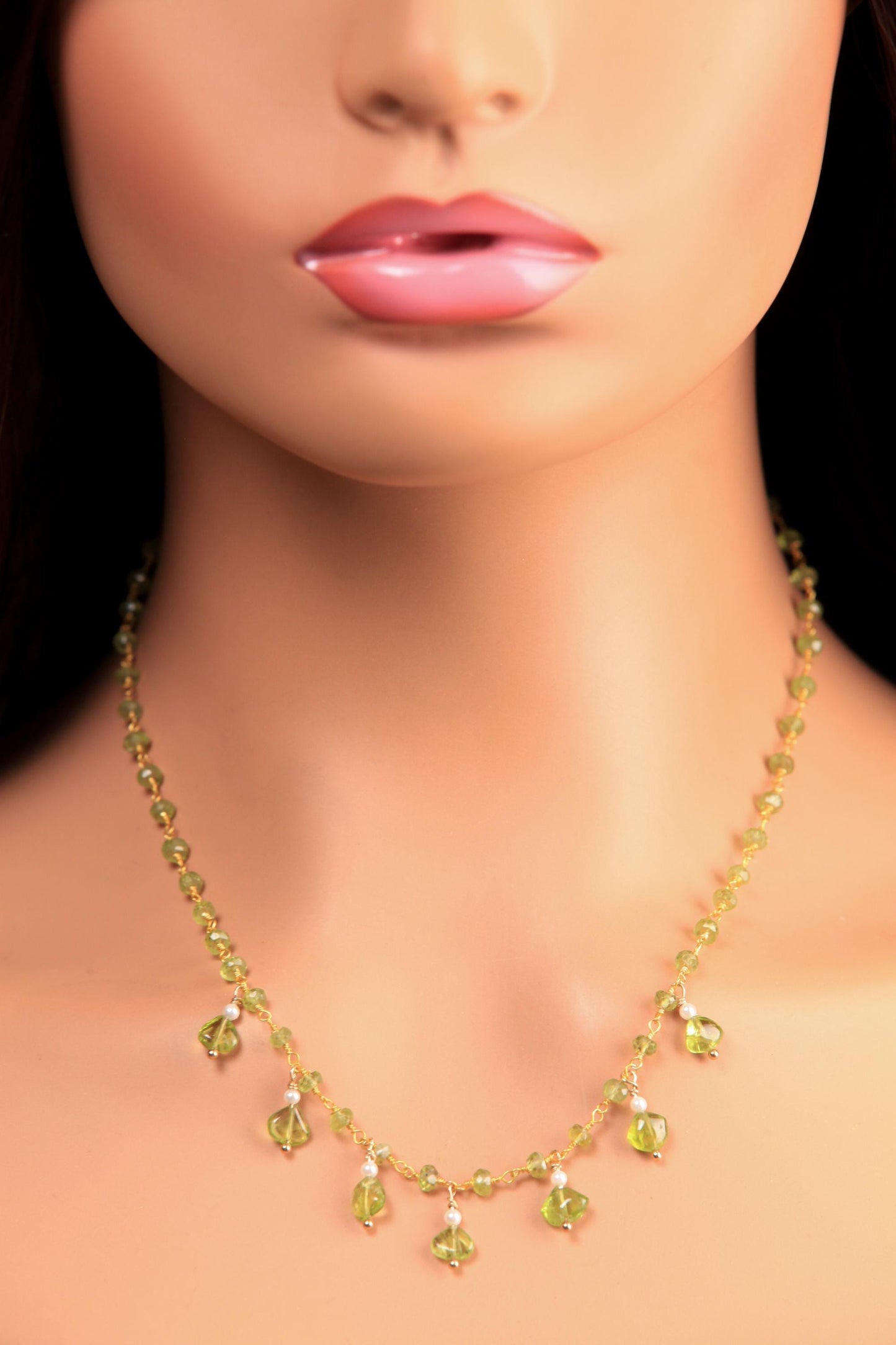 Natural Peridot Faceted Peridot Clusters and Dangling Peridot Freshwater Pearl Wire Wrap Handmade Gold Necklace, Bridal Gift