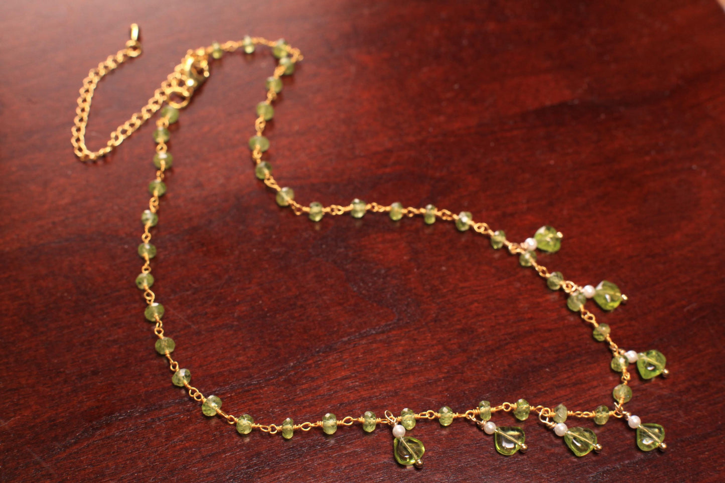 Natural Peridot Faceted Peridot Clusters and Dangling Peridot Freshwater Pearl Wire Wrap Handmade Gold Necklace, Bridal Gift