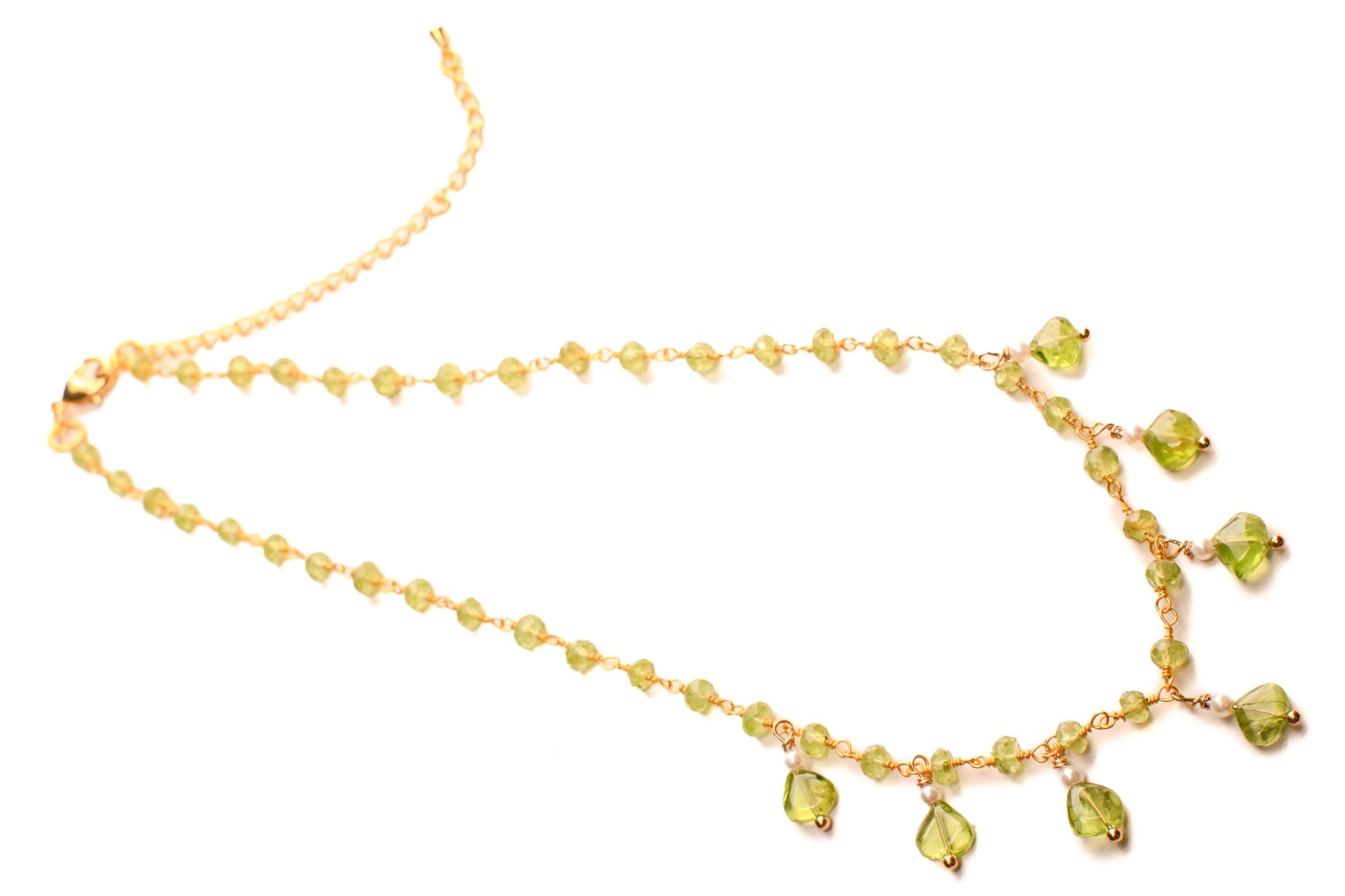 Natural Peridot Faceted Peridot Clusters and Dangling Peridot Freshwater Pearl Wire Wrap Handmade Gold Necklace, Bridal Gift