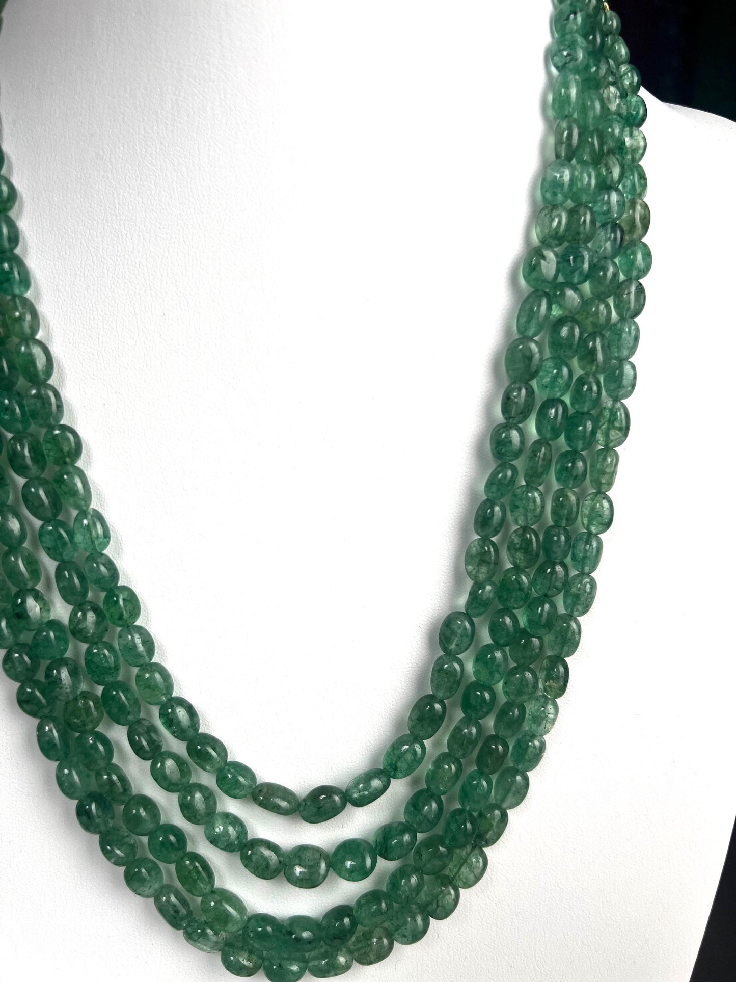 Genuine Zambian Emerald 4 line smooth oval Gemstone Necklace 20” plus 9" Adjustable thread,May Birthstone, Gift