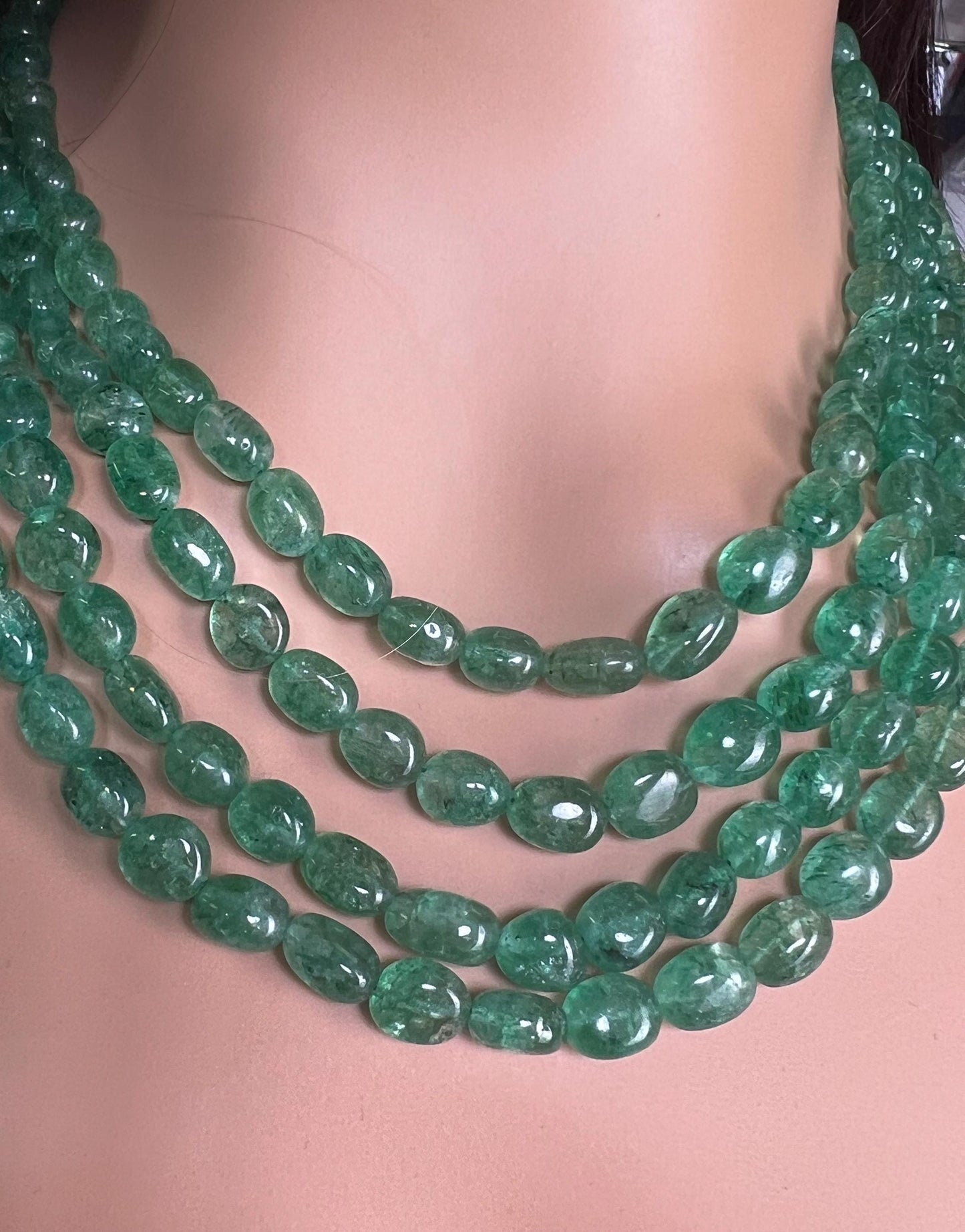 Genuine Zambian Emerald 4 line smooth oval Gemstone Necklace 20” plus 9" Adjustable thread,May Birthstone, Gift