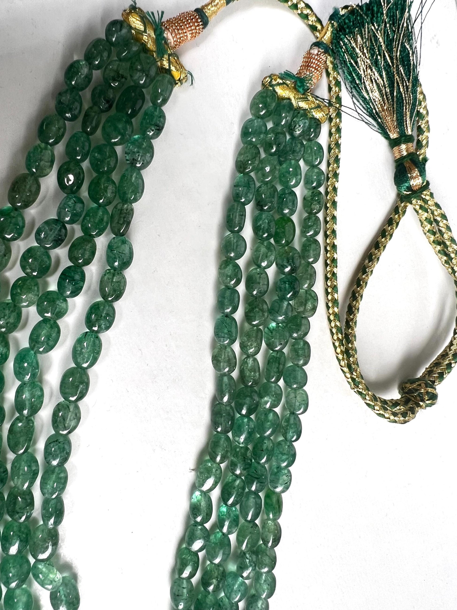 Genuine Zambian Emerald 4 line smooth oval Gemstone Necklace 20” plus 9" Adjustable thread,May Birthstone, Gift