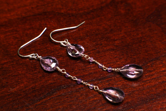 Genuine Pink Amethyst concave cut Faceted Teardrop, cut gemstone Wire Wrapped amethyst chain in 925 Sterling Silver earrings