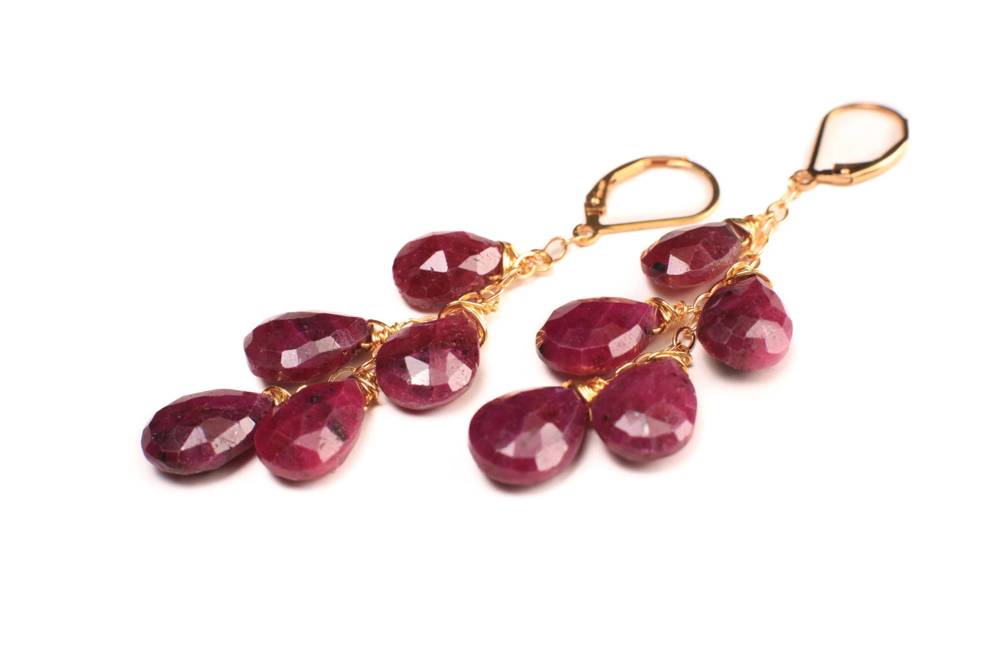 Genuine Ruby faceted 8x11-12mm Tear Drop Cascade 14k Gold Filled Leverback Earrings, Valentine, Bridesmaid, Birthday handmade precious gift.