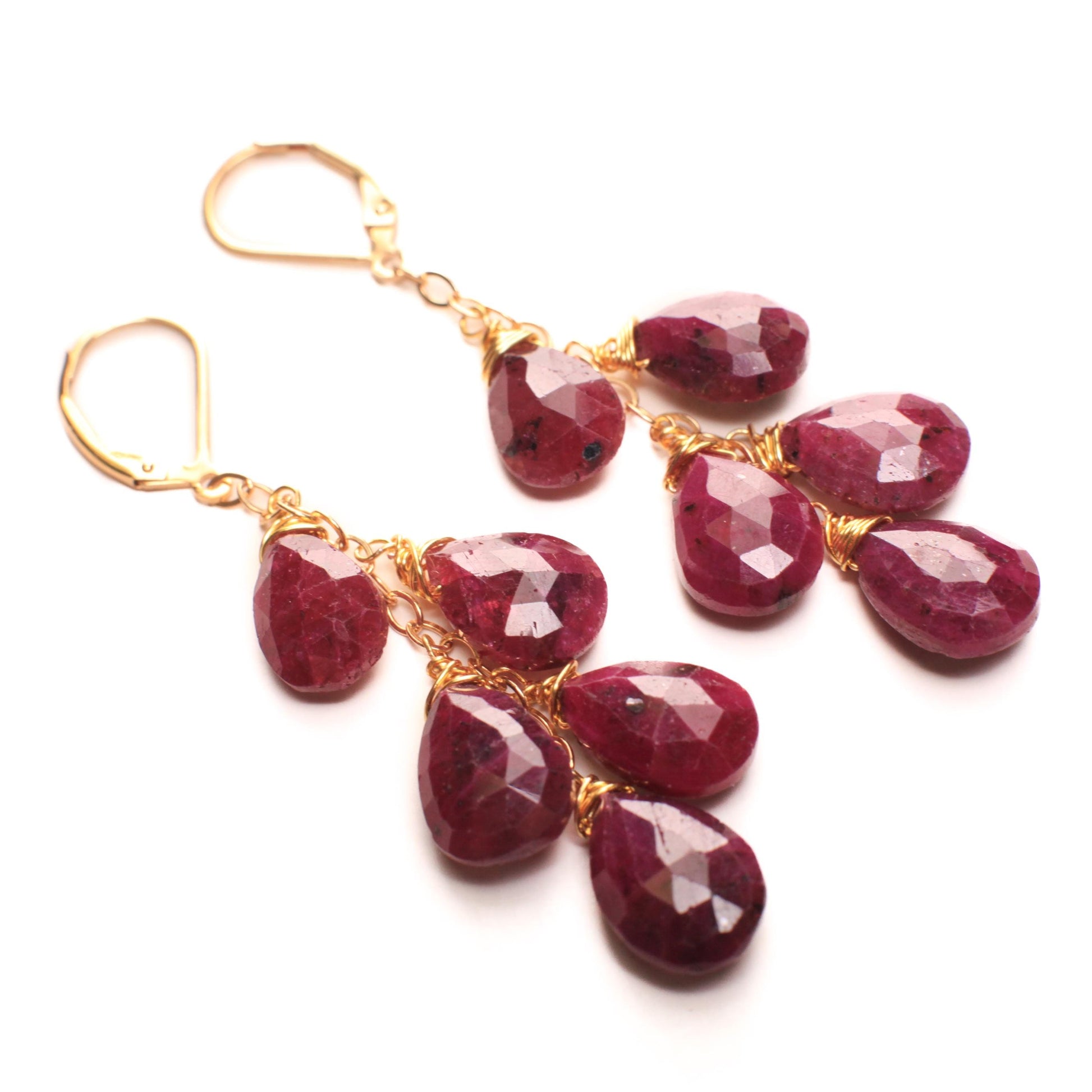 Genuine Ruby faceted 8x11-12mm Tear Drop Cascade 14k Gold Filled Leverback Earrings, Valentine, Bridesmaid, Birthday handmade precious gift.