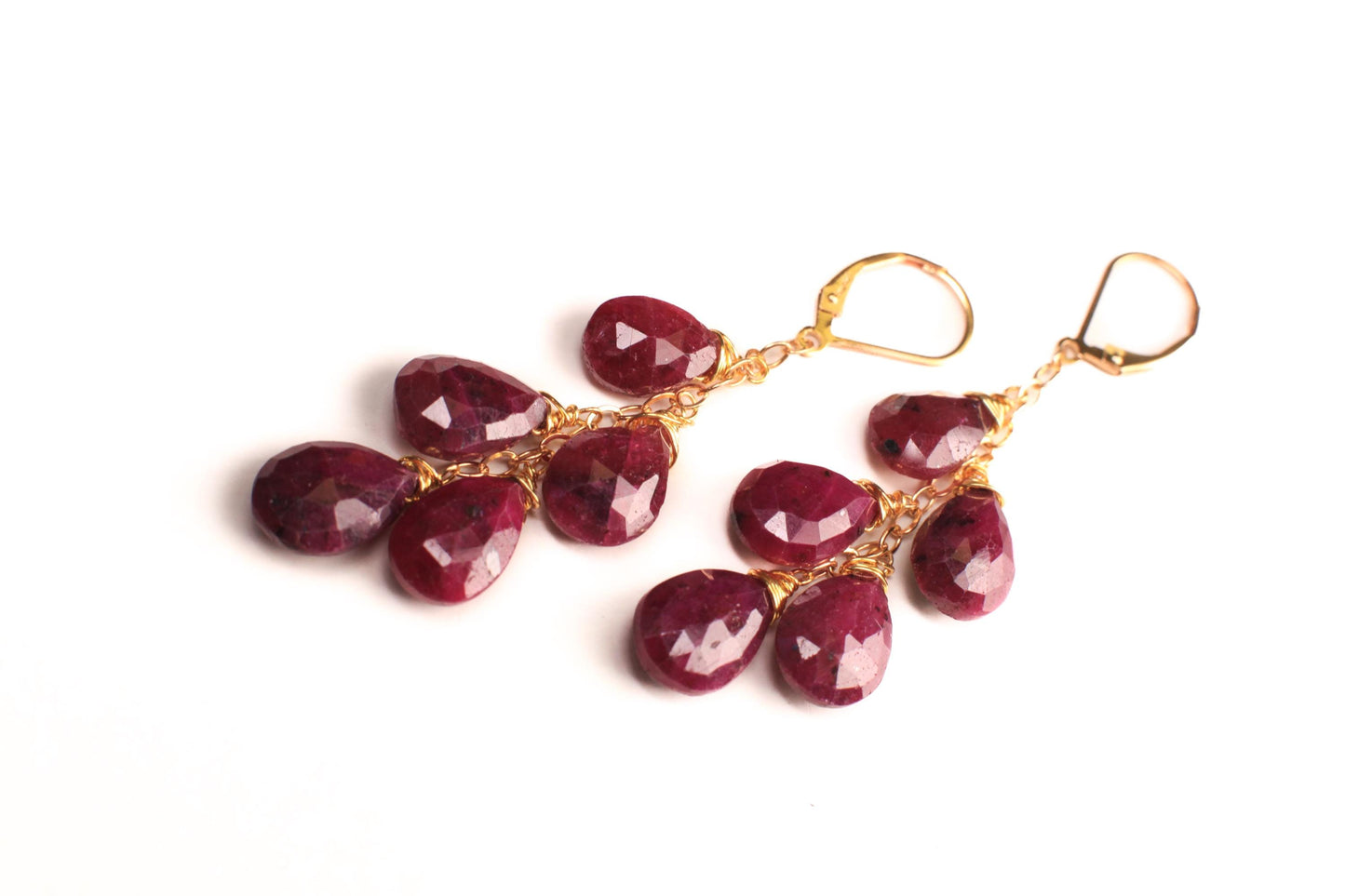 Genuine Ruby faceted 8x11-12mm Tear Drop Cascade 14k Gold Filled Leverback Earrings, Valentine, Bridesmaid, Birthday handmade precious gift.