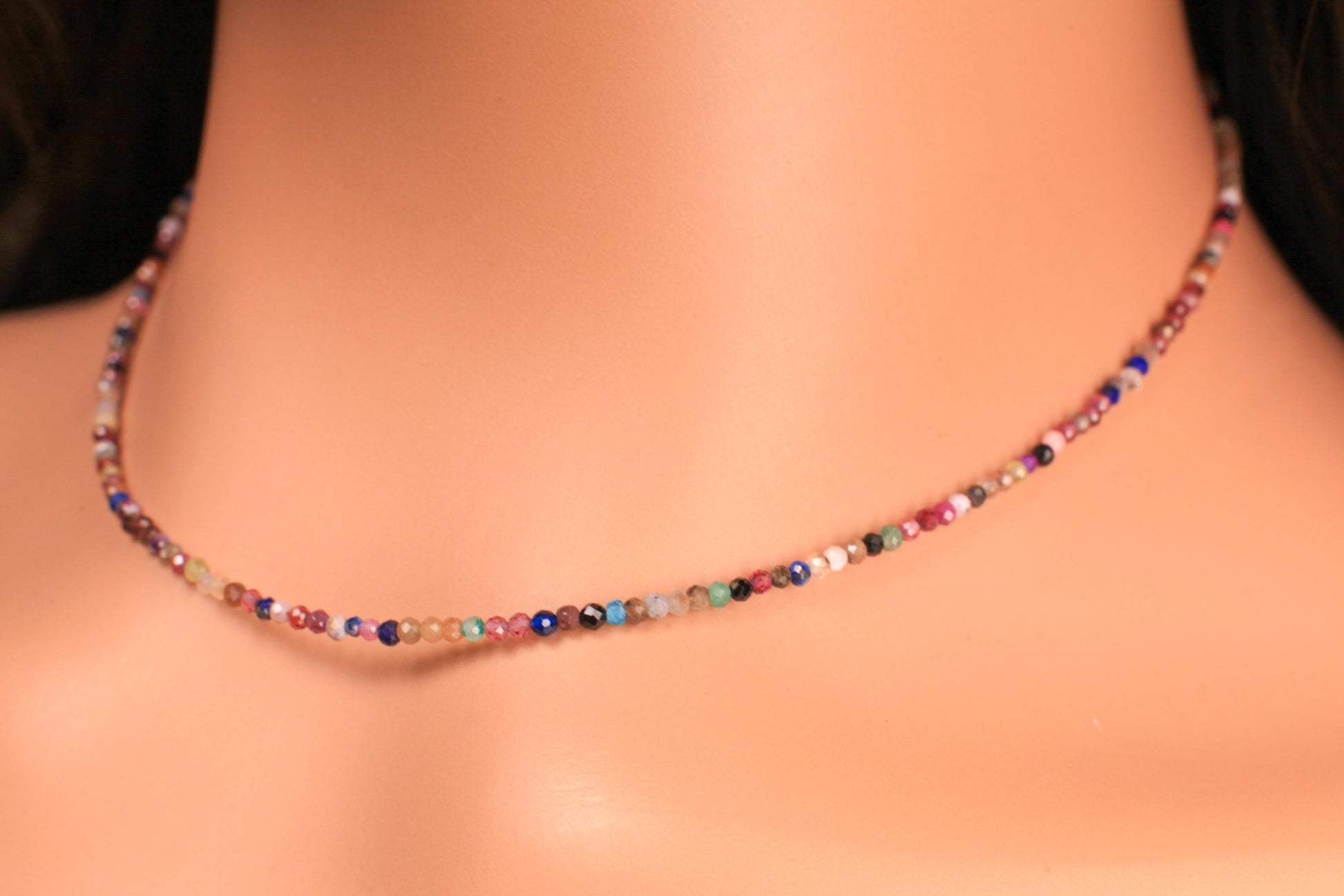 Natural Multi Gemstone 2mm Faceted Round with Sterling Silver Clasp Dainty Choker Layering Elegant Necklace