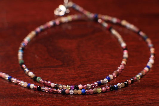 Natural Multi Gemstone 2mm Faceted Round with Sterling Silver Clasp Dainty Choker Layering Elegant Necklace