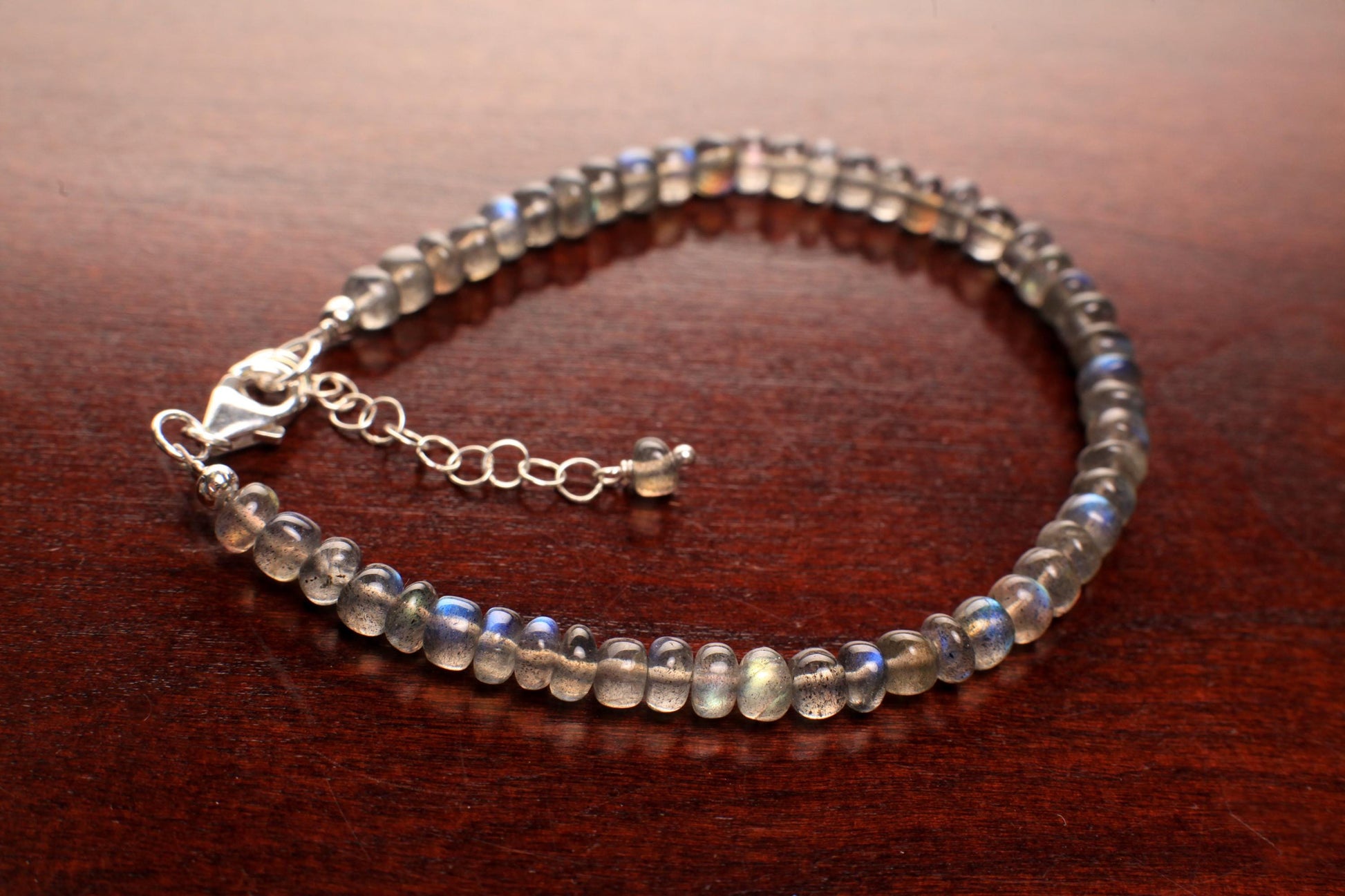 Labradorite Smooth Roundel 4mm Blue Flashy 925 Sterling Silver Bracelet with Optional 1" Extender, Gift, Chakra, Yoga Energy Healing gift