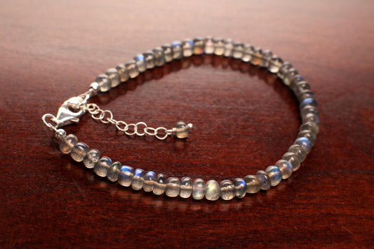 Labradorite Smooth Roundel 5-5.5mmBlue Flashy 925 Sterling Silver Bracelet with Optional 1" Extender, Gift, Chakra, Yoga Energy Healing gift