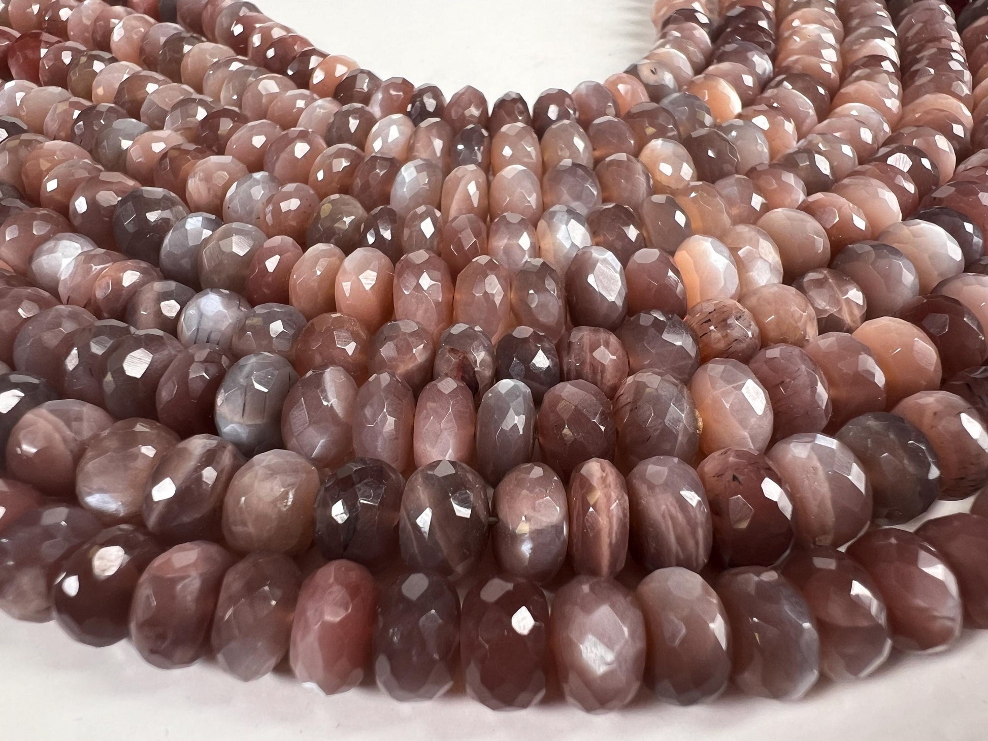 Natural Chocolate Moonstone Faceted Roundel 8-9.5mm bead . AAA quality bead for jewelry making 8” strand