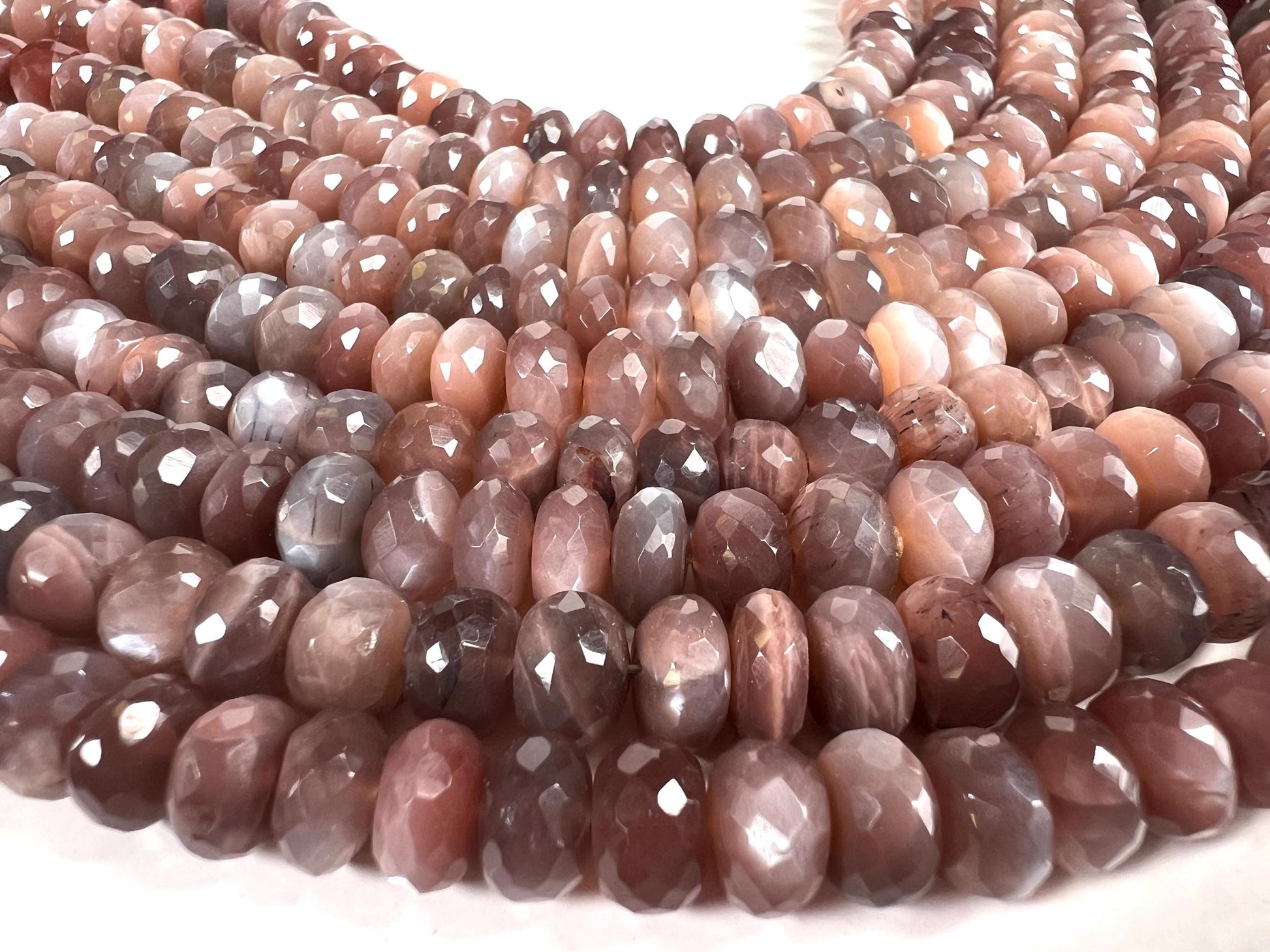 Natural Chocolate Moonstone Faceted Roundel 8-9.5mm bead . AAA quality bead for jewelry making 8” strand