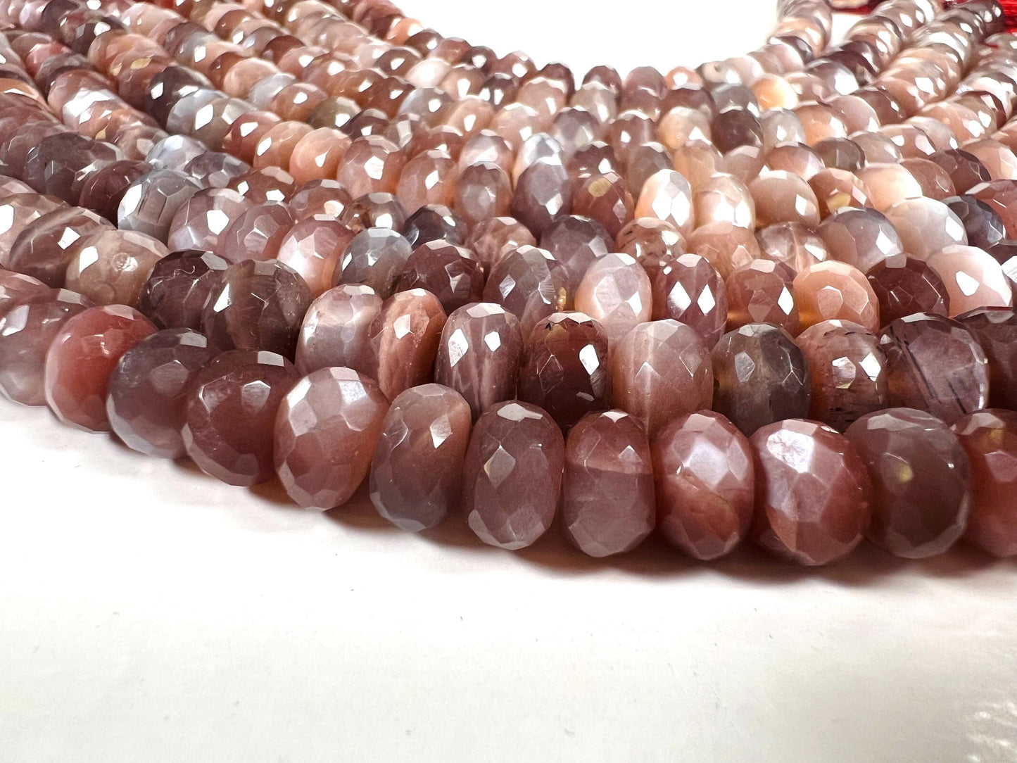 Natural Chocolate Moonstone Faceted Roundel 8-9.5mm bead . AAA quality bead for jewelry making 8” strand