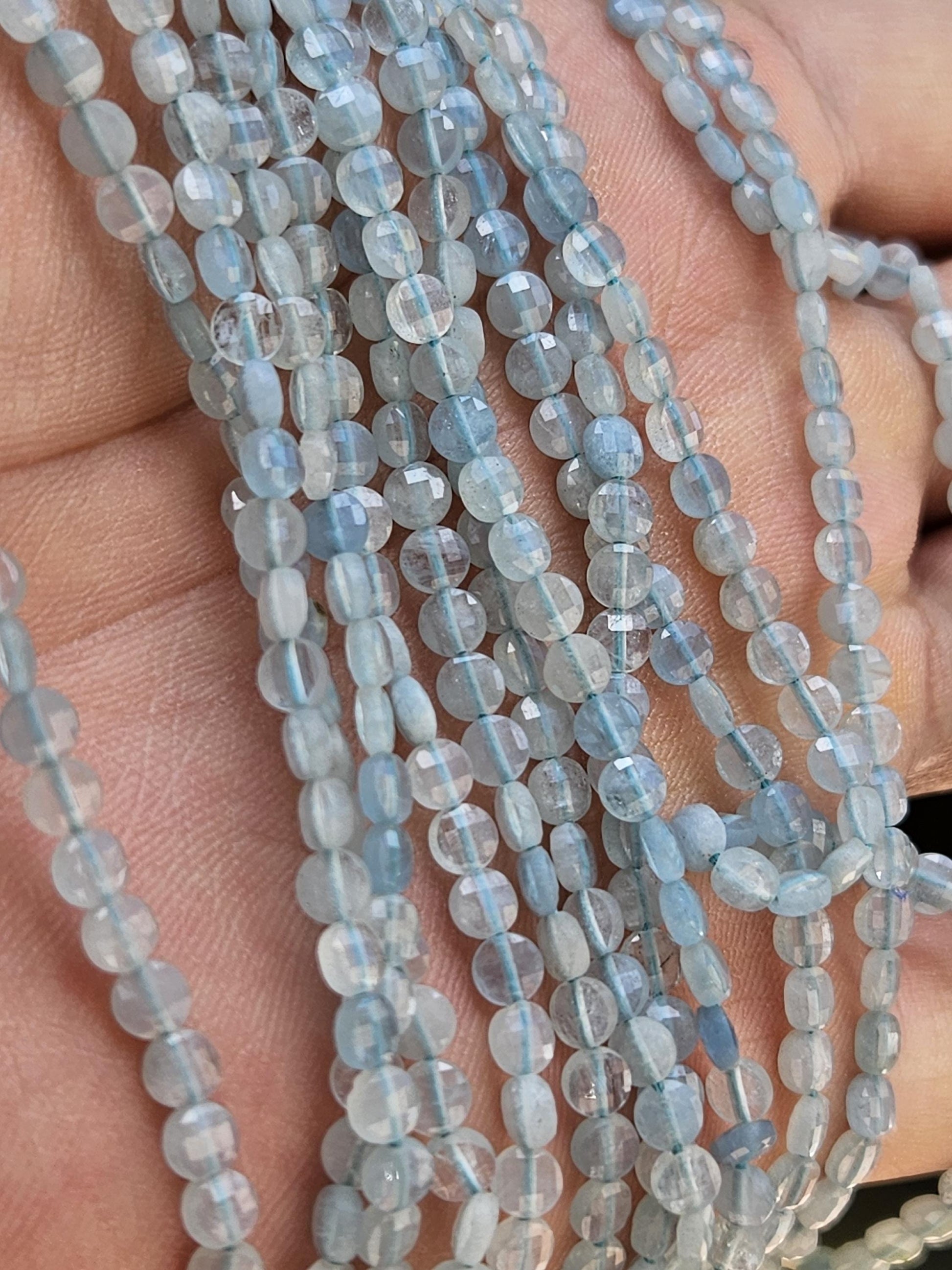 Natural Aquamarine Gemstone Sky Blue Faceted 3.5-4mm Coin Shape, shaded Aquamarine , Jewelry Making 12" strand.High quality