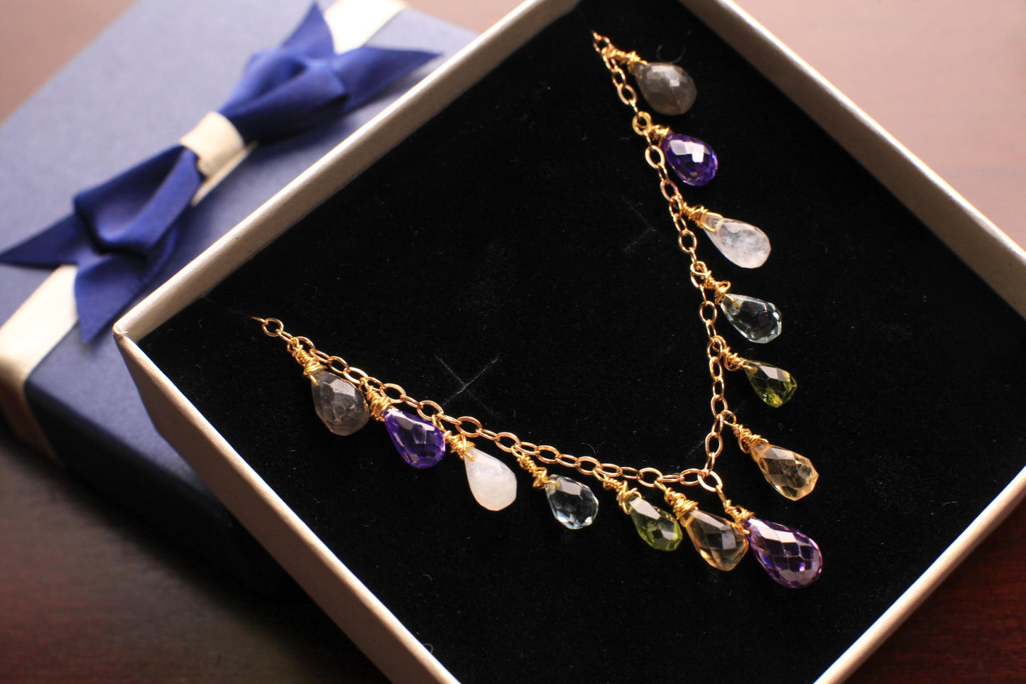 Amethyst, Aquamarine, Moonstone, Labradorite, Peridot, Citrine Briolette Necklace, Wire Wrapped Dangling, 14K Gold Filled Gemstone Necklace