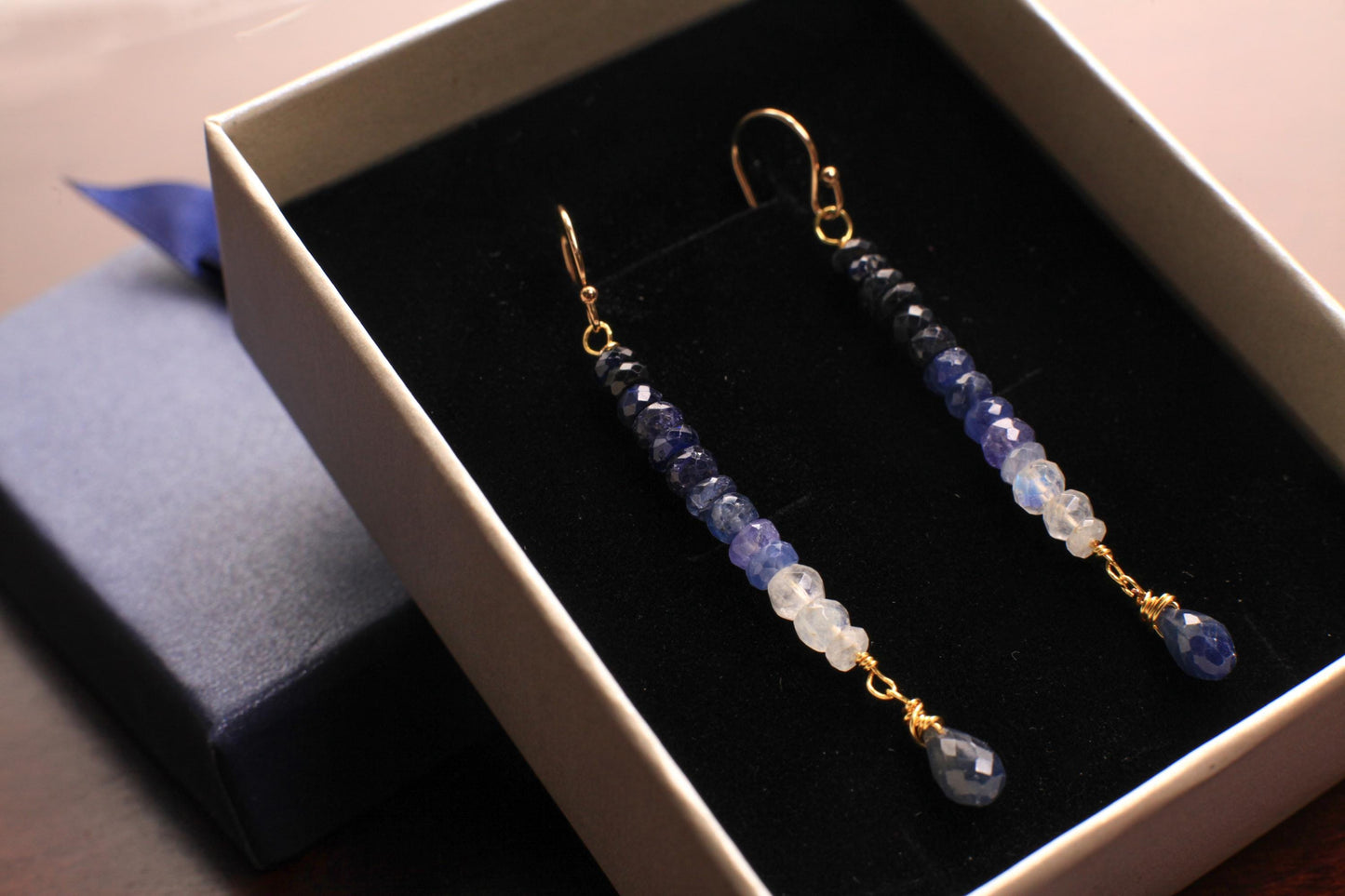 Ombre Sapphire Earnings Faceted 6x8mm Pear Drop, 3mm roundel Ombre Sapphire 14K Gold Filled Hook Ear Wire or Leverback earrings