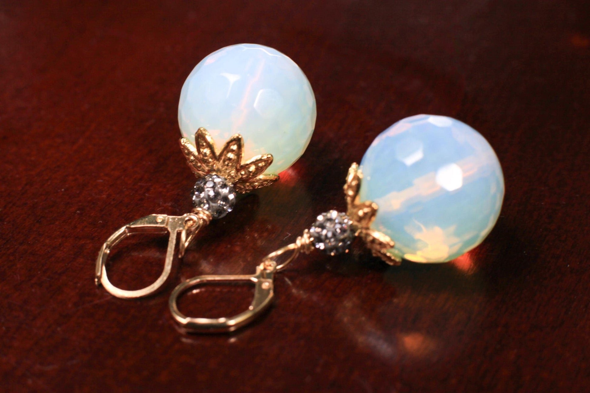 Huge Opalite Faceted Round 20mm large Bali Style Cap and Rhinestone Disco Ball glowing bead opalite Gold Leverback Earrings