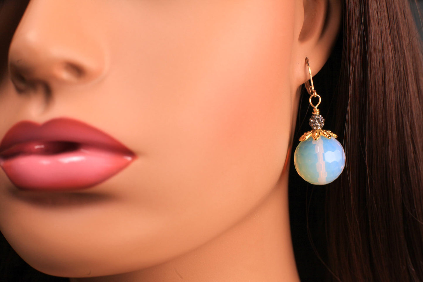 Huge Opalite Faceted Round 20mm large Bali Style Cap and Rhinestone Disco Ball glowing bead opalite Gold Leverback Earrings