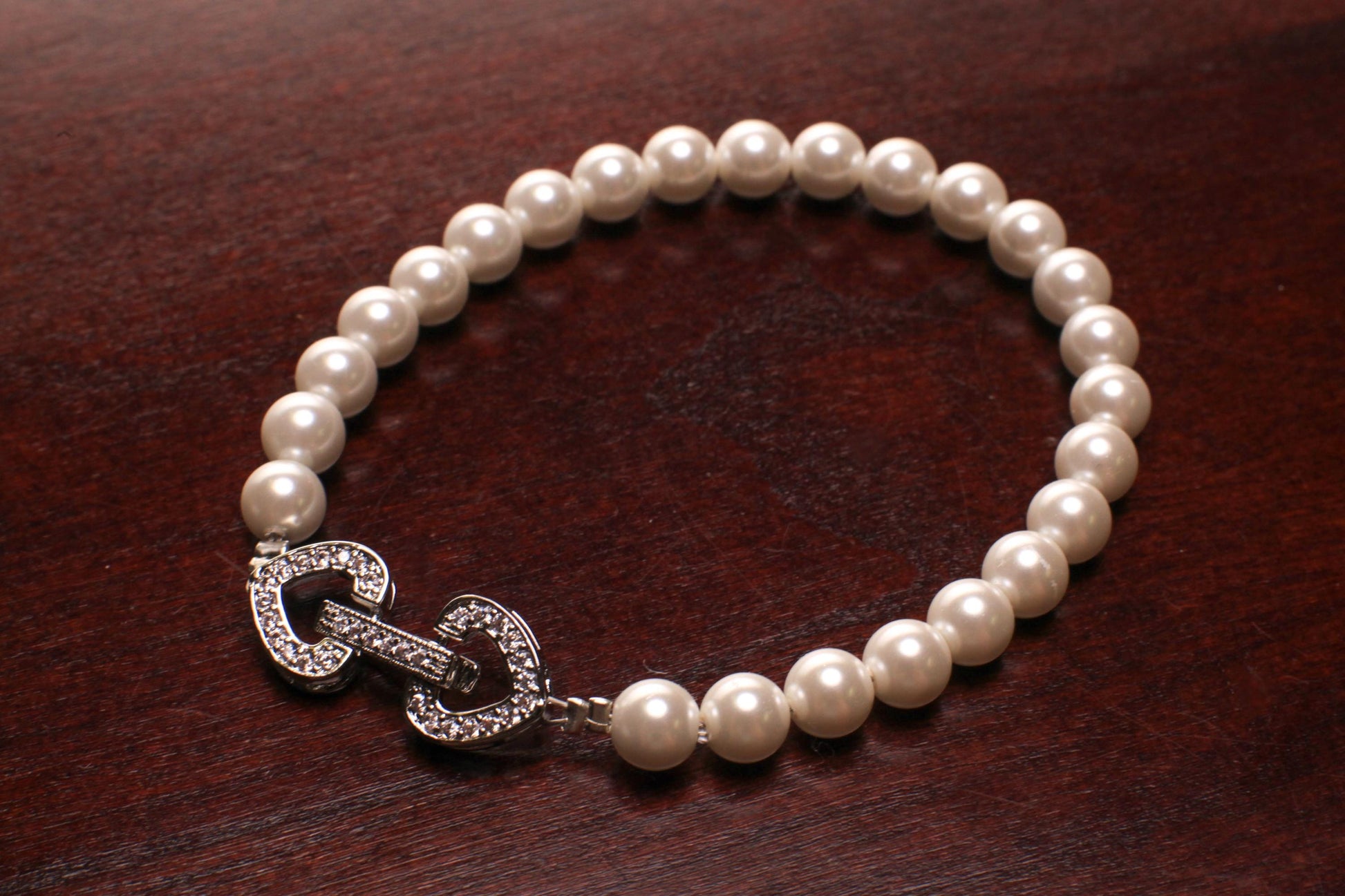 White South Sea Shell Pearl 6mm Bracelet in Fancy Heart CZ Diamond Sterling Silver Foldable Clasp, Bridal, Gift for Her, Handmade