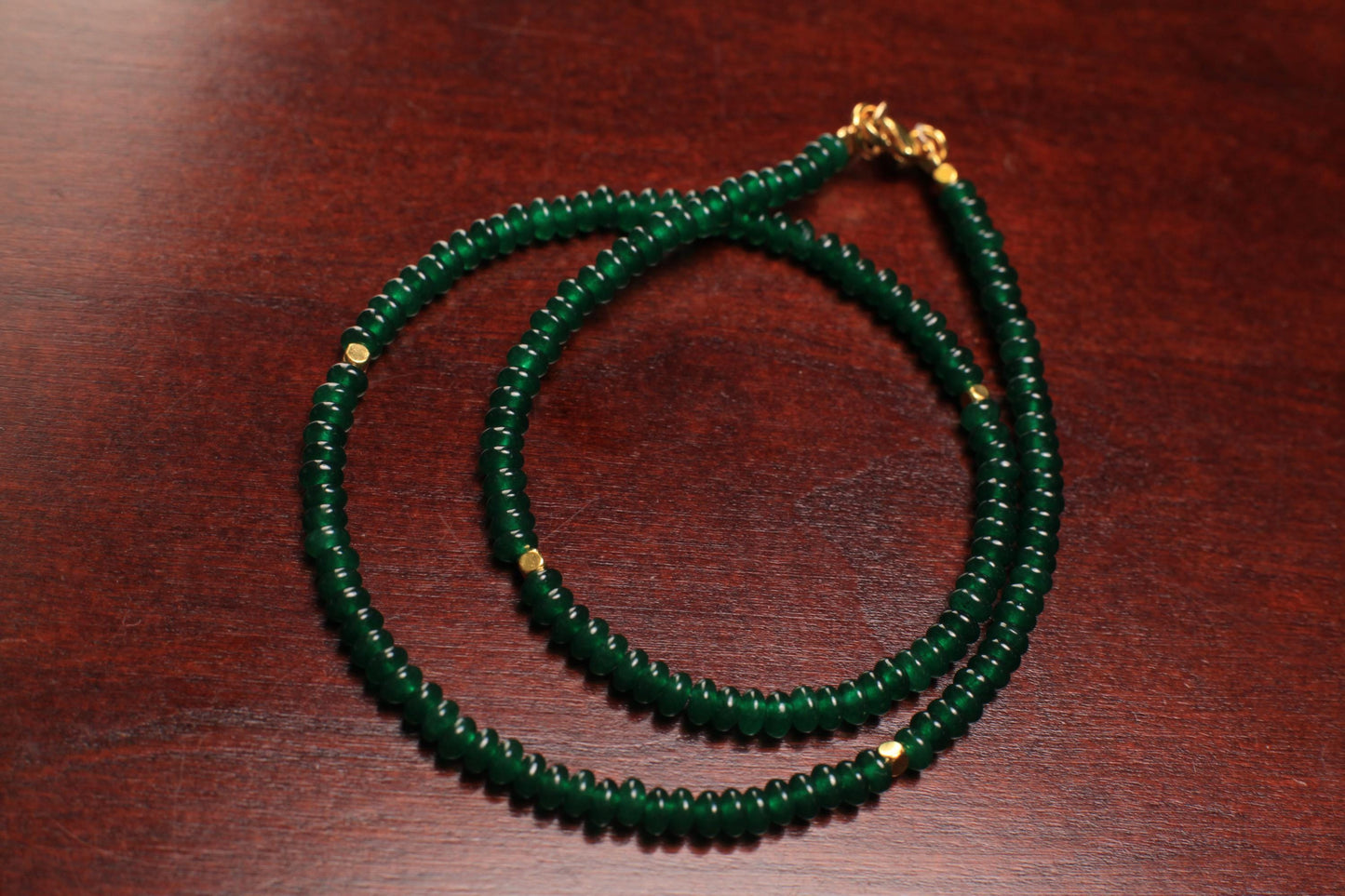 Natural Green jade, dark green 4mm smooth saucer roundel beaded choker, gold spacer layering necklace, Chakra energy gift