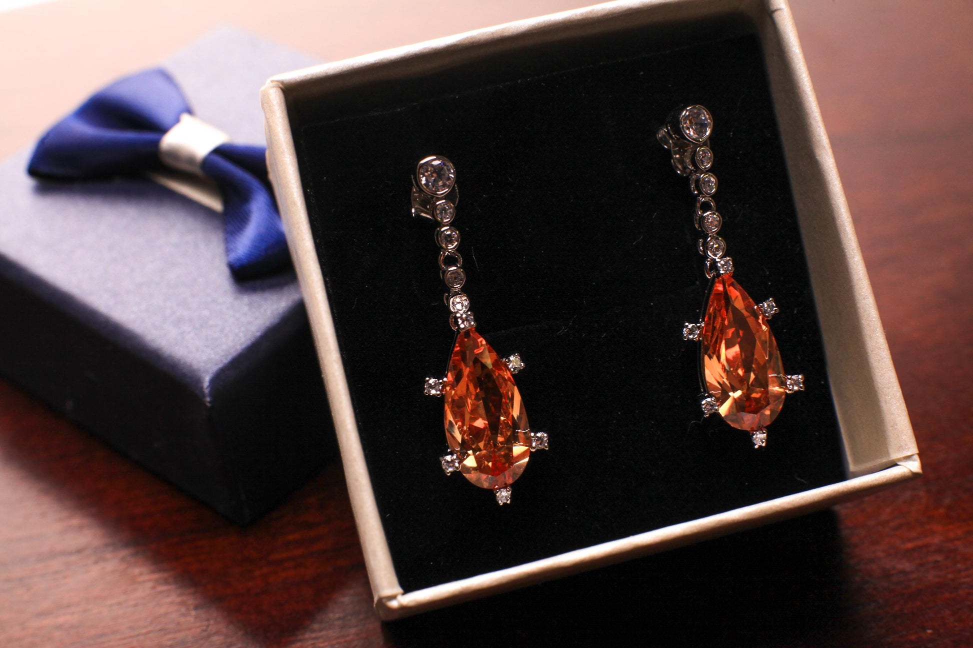 Genuine Orange Imperial Topaz Long Teardrop 10x19mm prong setting with Cubic Zirconia Post Earrings, Bridal, Boho, valentines Holiday Gift,