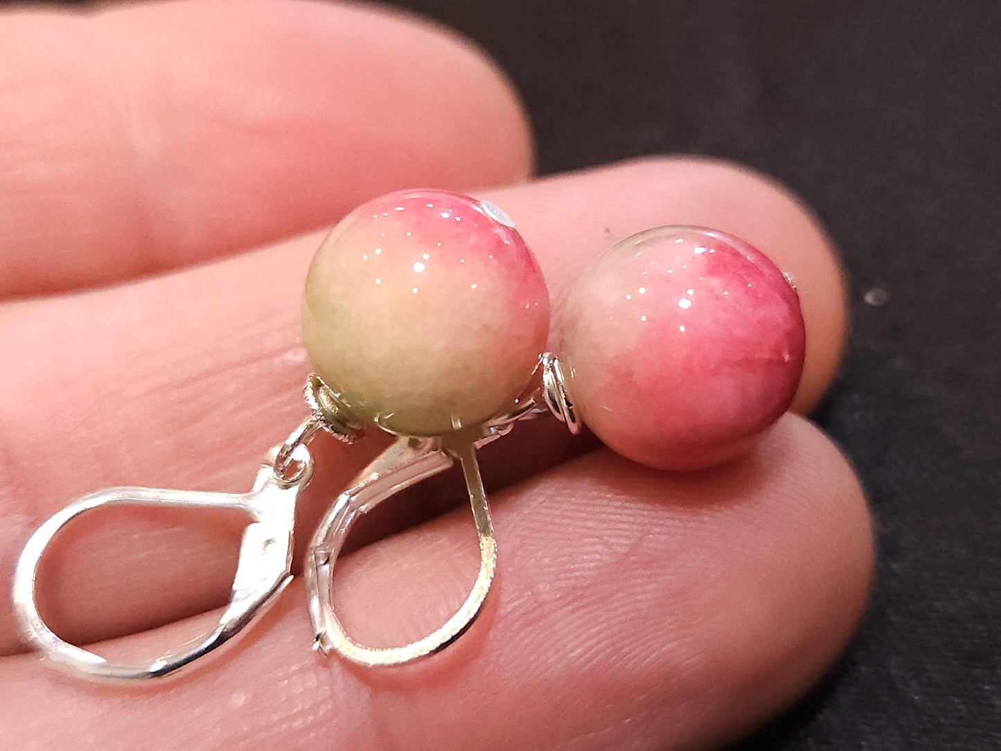 Candy Jade 10mm round handmade Leverback earrings in Silver, 925 Sterling Silver, minimalist Gift