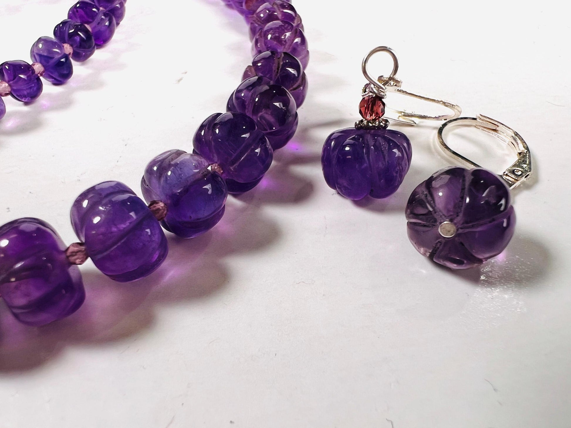 Natural Amethyst Pumpkin hand carved beaded Necklace in Silver Lobster clasp AAA 6-8mm Necklace and Earrings set. February Birthstone