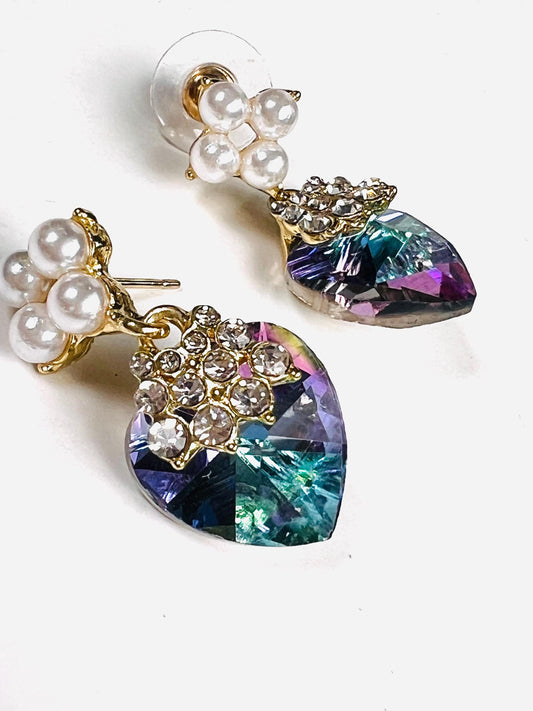 Swarovski Crystal Purple AB Rainbow aurora broiles 14mm Heart with pearl gold post Earrings, Valentines girlfriend Gift,pink purple mystic