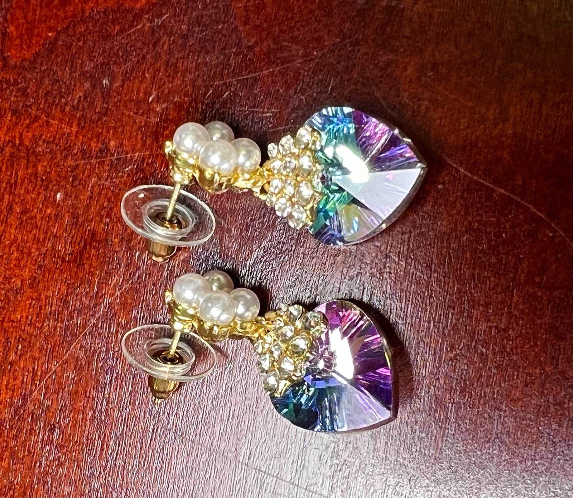 Swarovski Crystal Purple AB Rainbow aurora broiles 14mm Heart with pearl gold post Earrings, Valentines girlfriend Gift,pink purple mystic