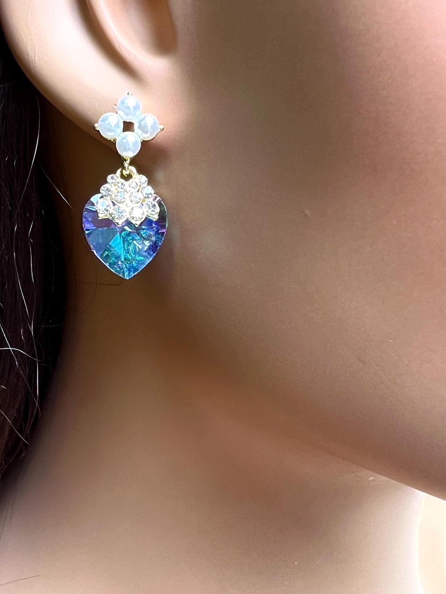 Swarovski Crystal Purple AB Rainbow aurora broiles 14mm Heart with pearl gold post Earrings, Valentines girlfriend Gift,pink purple mystic